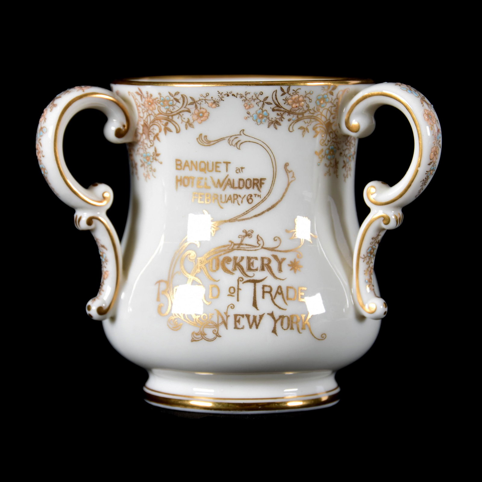 Loving Cup Marked CAC American Belleek: Loving Cup Marked CAC American Belleek, 3.5" x 4", Ceramic Arts Company, Three Handles, Souvenir "Banquet At Hotel Waldorf February 6th Crockery Board of Trade New York" with Monogram, Elaborate Gold 