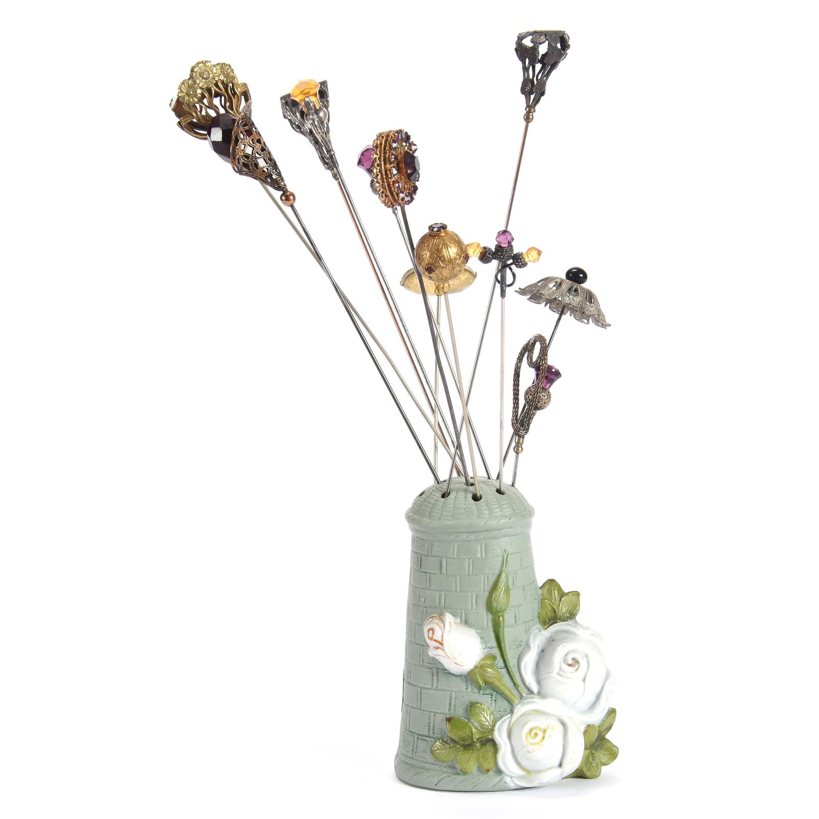 (12) Vintage Hatpins & (1) Holder: (12) Vintage Hatpins & (1) Holder, (1) 4.5" Marked Shafer & Vader Hatpin Holder, in Shape of Tower with /Embossed White Rose Design, (12) Vintage Hatpins with Various Stones and Shapes, Very Nice Grou