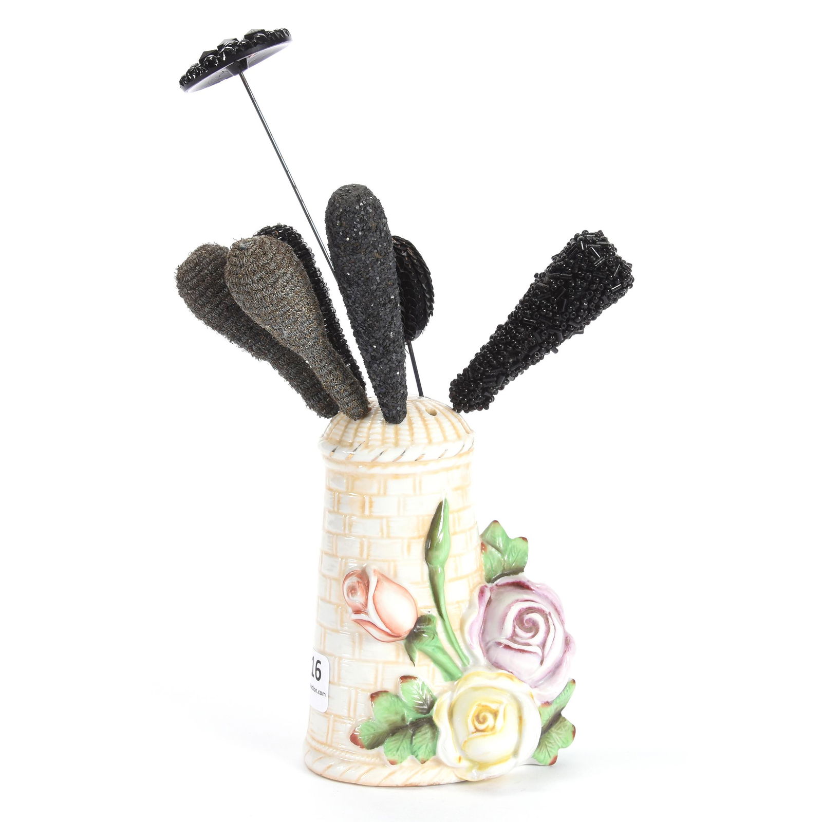 (7) Vintage Hatpins and (1) Holder: (7) Vintage Hatpins and (1) Holder, (1) 4.5" Shafer & Vader Hatpin Holder, White Tower with Embossed Rose Design, (7) Hatpins, Jet Beads, See Photos for Details, from the estate of Ronald W. Prielipp