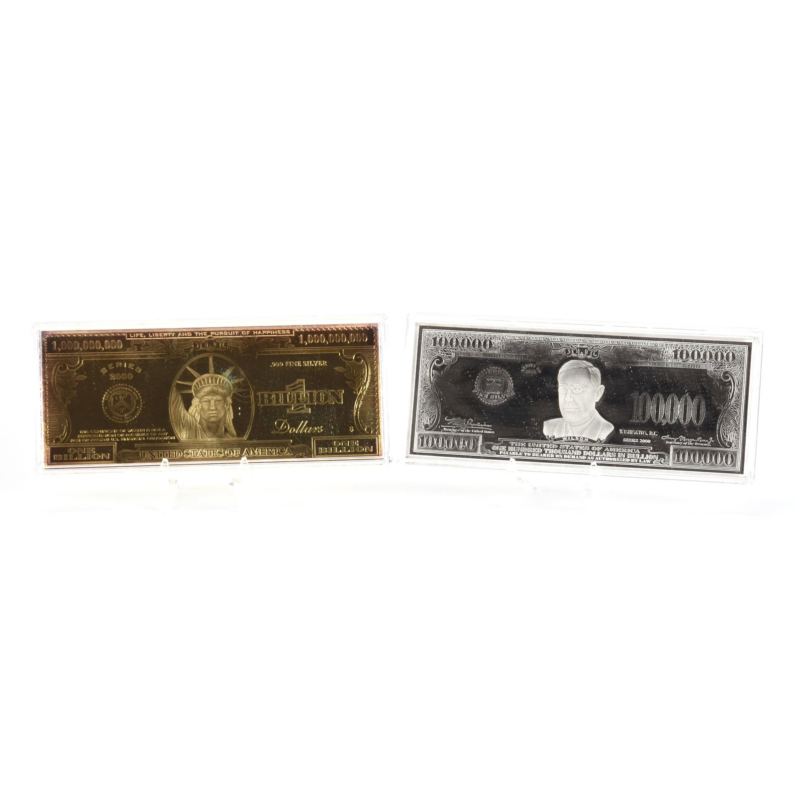 (2) Washington Mint .999 Pure Silver Bullion Bars: (2) Washington Mint .999 Pure Silver Bullion Bars, Each Bar Weighs A Quarter Pound - (1) $100,000 Federal Reserve Note, (1) $1,000,000,000 Golden Proof Bar with 24k Gold Overlay, Each with Certificate