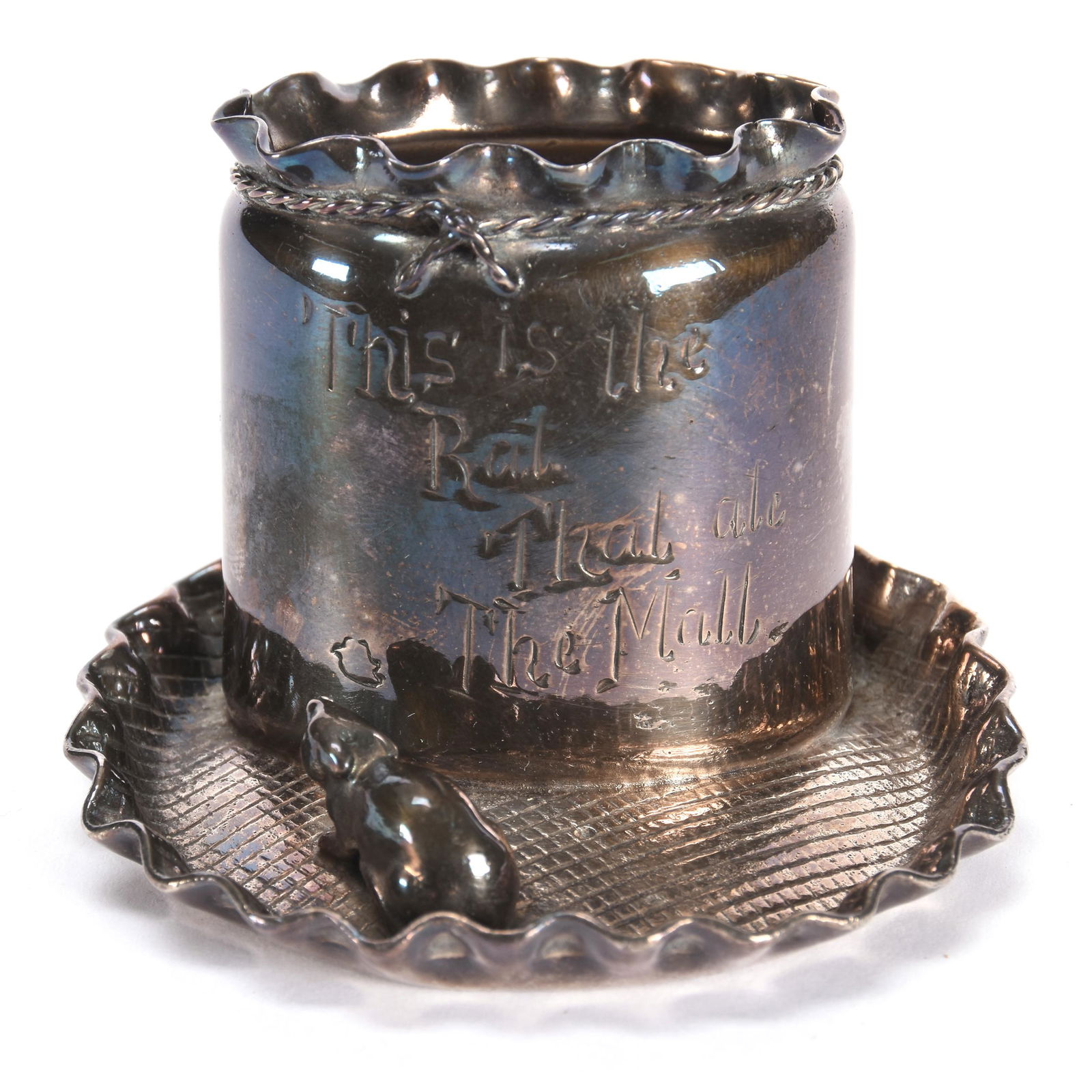 Silverplate Toothpick Holder Marked Pairpoint #3708: Silverplate Toothpick Holder Marked Pairpoint #3708, 2" x 3", Bag Sitting on Tray with Mouse, Inscribed "This is the Rat that ate the Malt", from the estate of Ronald W. Prielipp PHD, Salina, KS. Ron