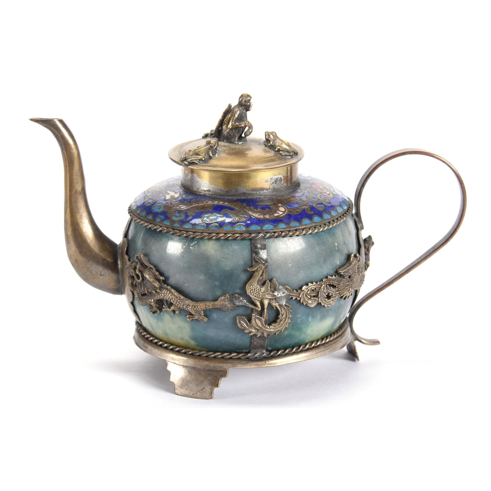 Silver, Jade and Cloisonne Sake Pot: Silver, Jade and Cloisonne Sake Pot, 3.5" x 5.5", Elaborate Dragon and Scenic Design, Monkey and Frog Finial Lid, from the estate of Ronald W. Prielipp PHD, Salina, KS. Ron was a professor of mathemat