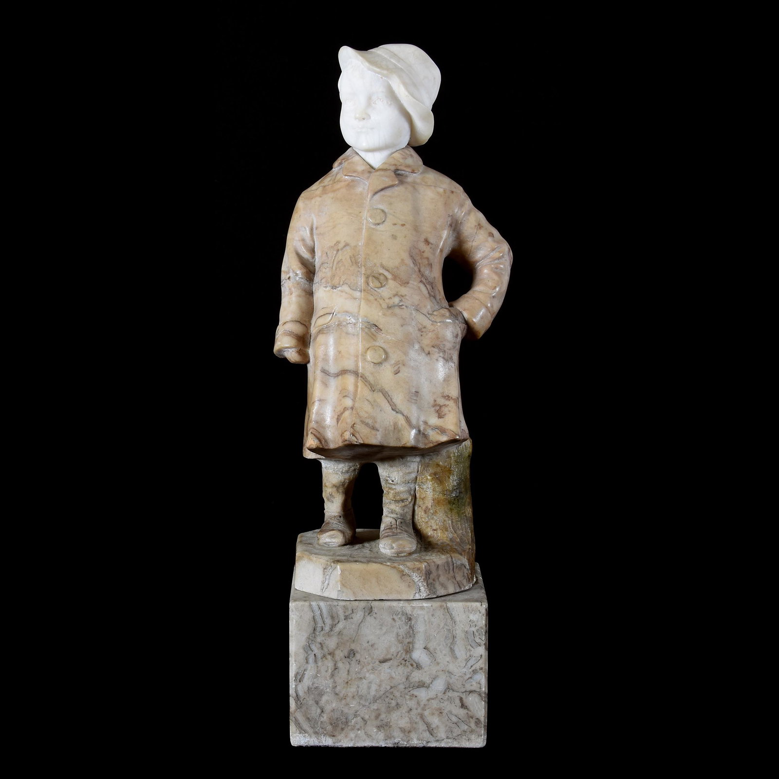 Carved Alabaster Figure, Young Boy in Raincoat: Carved Alabaster Figure, Young Boy in Raincoat, 15" x 4.5", Small Nick on Hat Rim, from the estate of Ronald W. Prielipp PHD, Salina, KS. Ron was a professor of mathematics at Bethany College, Lindsbo