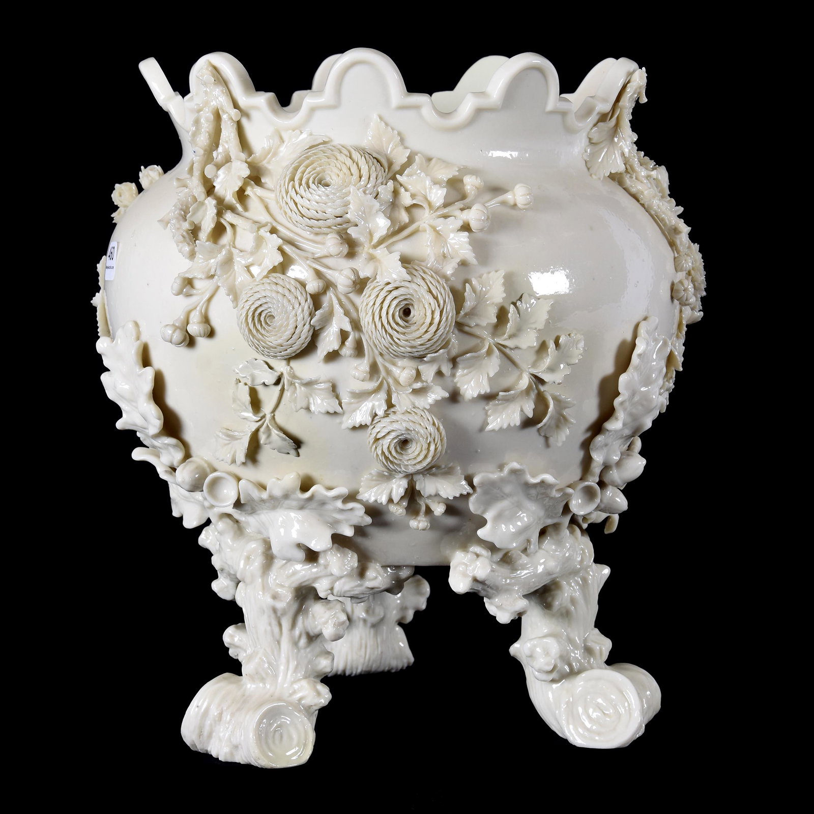 Irish Belleek Black Mark Flower Pot, Three Feet: Irish Belleek Black Mark Flower Pot, Three Feet, 12.5" x 11", Acorn Design with Large Rose Blossoms, One Flange has Professional Restoration, Fantastic Quality, from the estate of Ronald W. Prielipp P