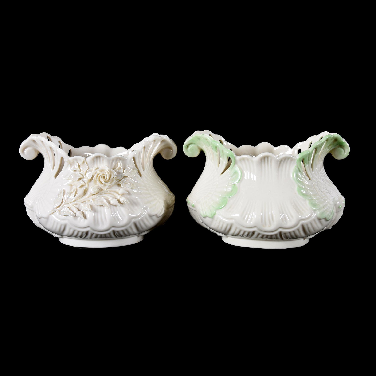 (2) Double Shell Vases, Irish Belleek Black Mark: (2) Double Shell Vases, Irish Belleek Black Mark, 4" x 6", Reticulated Edge, Applied Floral, (1) Green Highlights, (1) Floral Decor, from the estate of Ronald W. Prielipp PHD, Salina, KS. Ron was a pr