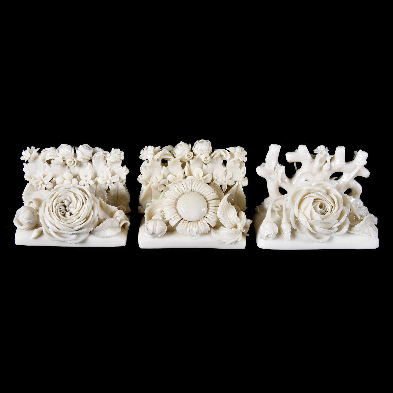 (3) Place Card Holders, Irish Belleek Black Mark: (3) Place Card Holders, Irish Belleek Black Mark, 2.25" x 3", Wonderful Floral Detail, from the estate of Ronald W. Prielipp PHD, Salina, KS. Ron was a professor of mathematics at Bethany College, Lin