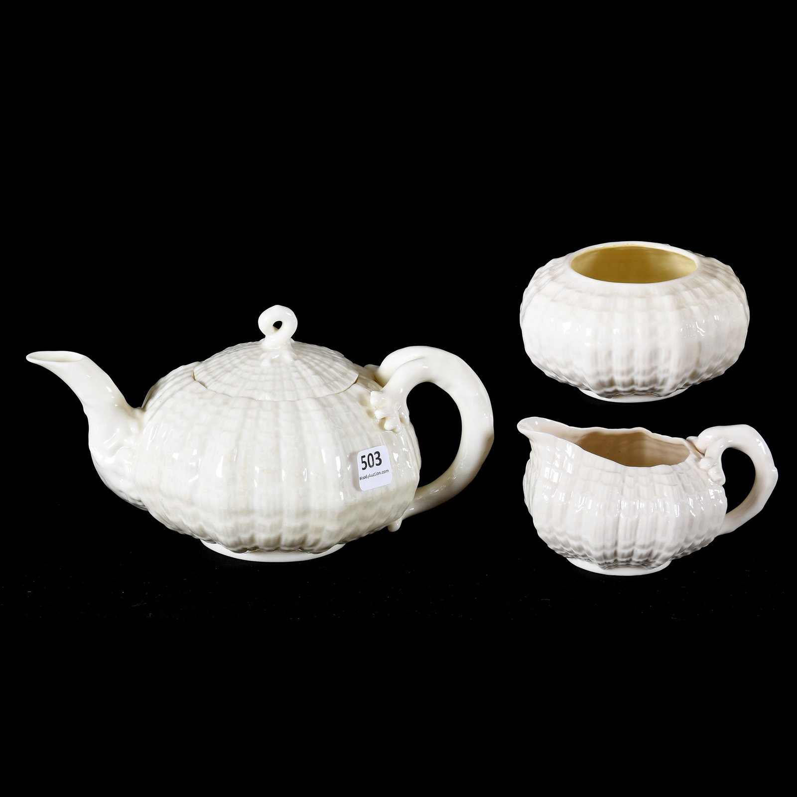 Tea Set, Irish Belleek Black Mark, Tridacna Pattern: Tea Set, Irish Belleek Black Mark, Tridacna Pattern, (1) 4.5" x 8.25" Tea Pot, (1) 2.5" Creamer, (1) 2.25" Open Sugar, Green Mark, from the estate of Ronald W. Prielipp PHD, Salina, KS. Ron was a prof