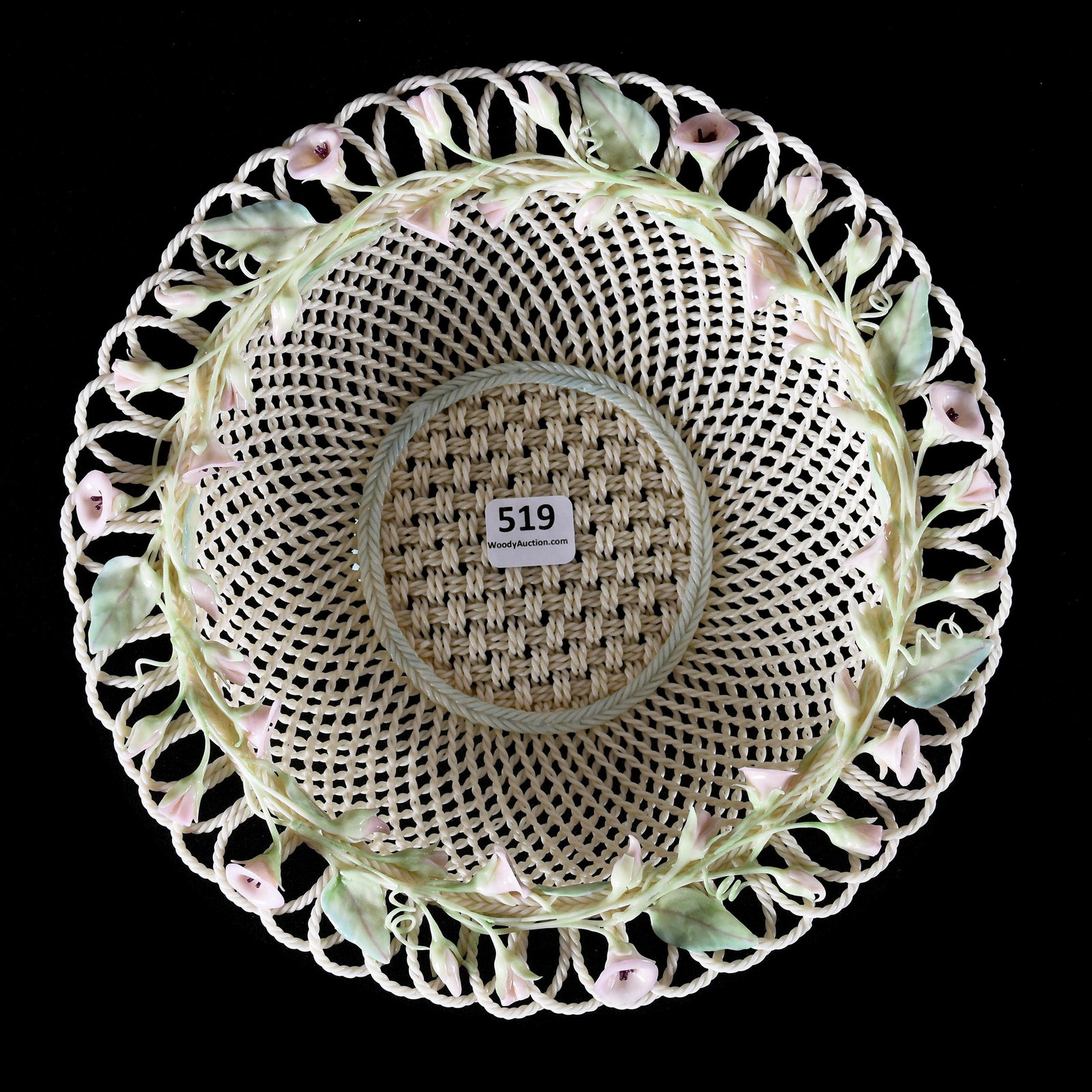 Basket, Irish Belleek 2 Strand, Belleek R Ireland: Basket, Irish Belleek 2 Strand, Belleek R Ireland, 2.75" x 9", Single Pad, Second Period, Very Delicate Colored Morning Glory Decor, from the estate of Ronald W. Prielipp PHD, Salina, KS. Ron was a pr