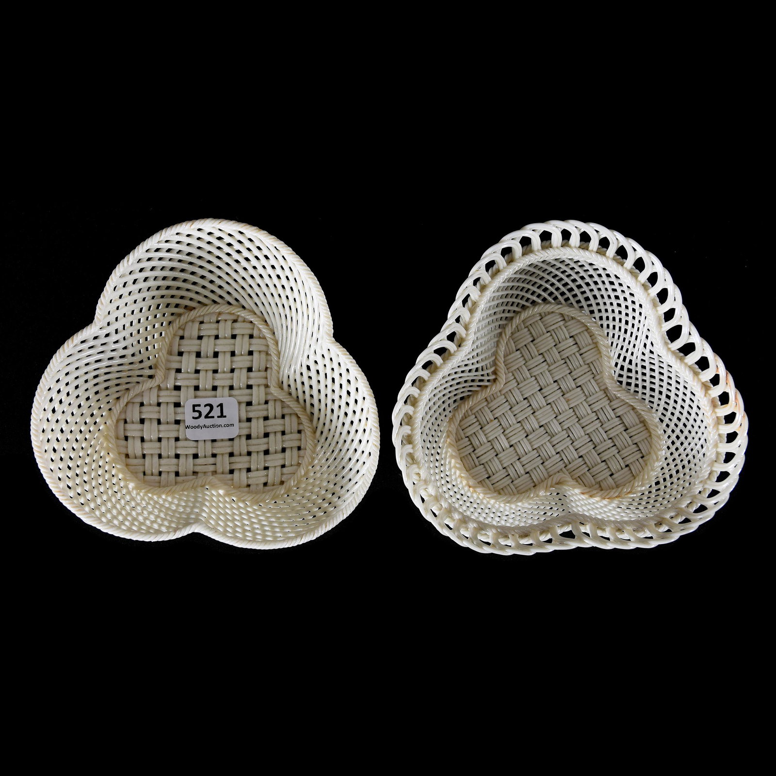 (2) Baskets, Irish Belleek, Clover Shaped: (2) Baskets, Irish Belleek, Clover Shaped, 2" x 5.5", (1) 2 Strand, 2 Pad, Second Period, Marked Belleek Fermanagh, (1) 4 Strand, Two Pad, Belleek Fermanagh, from the estate of Ronald W. Prielipp PHD,