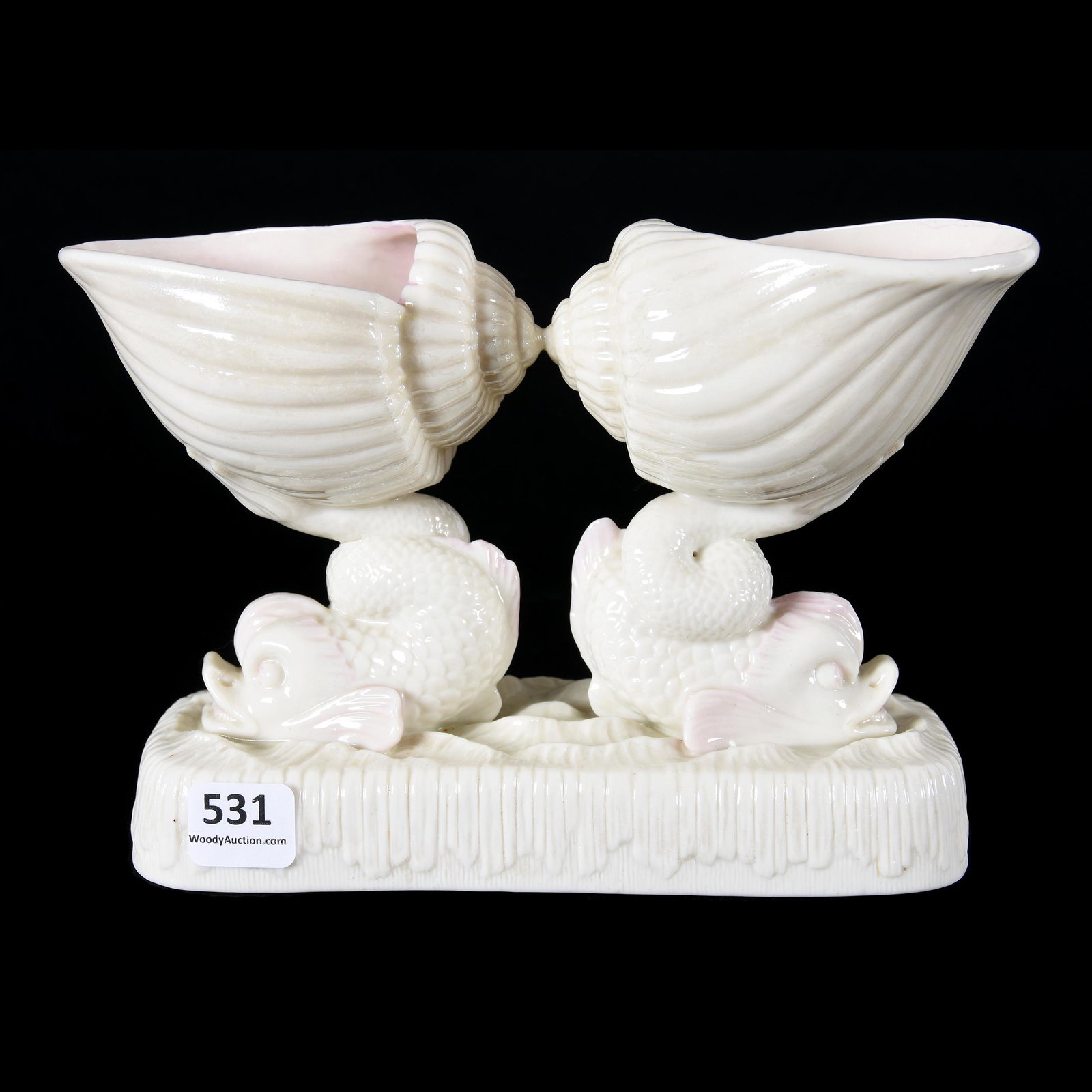 Dolphin Double Wink, Irish Belleek Black Mark: Dolphin Double Wink, Irish Belleek Black Mark, 5.25" x 8", Pink Highlights, from the estate of Ronald W. Prielipp PHD, Salina, KS. Ron was a professor of mathematics at Bethany College, Lindsborg, KS.