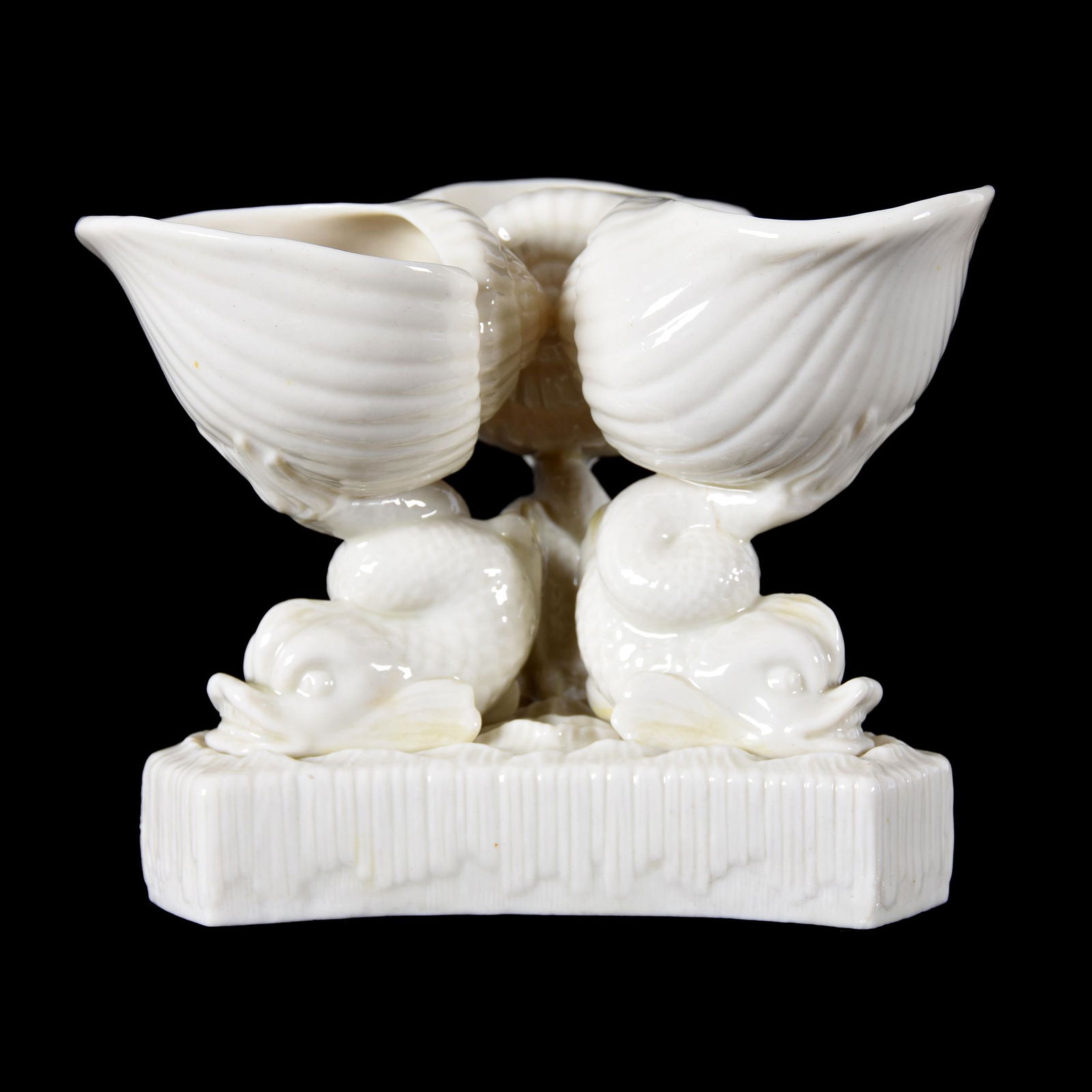 Dolphin Triple Winkle, Irish Belleek Black Mark: Dolphin Triple Winkle, Irish Belleek Black Mark, 5.5" x 6.5", from the estate of Ronald W. Prielipp PHD, Salina, KS. Ron was a professor of mathematics at Bethany College, Lindsborg, KS. Ron and his w