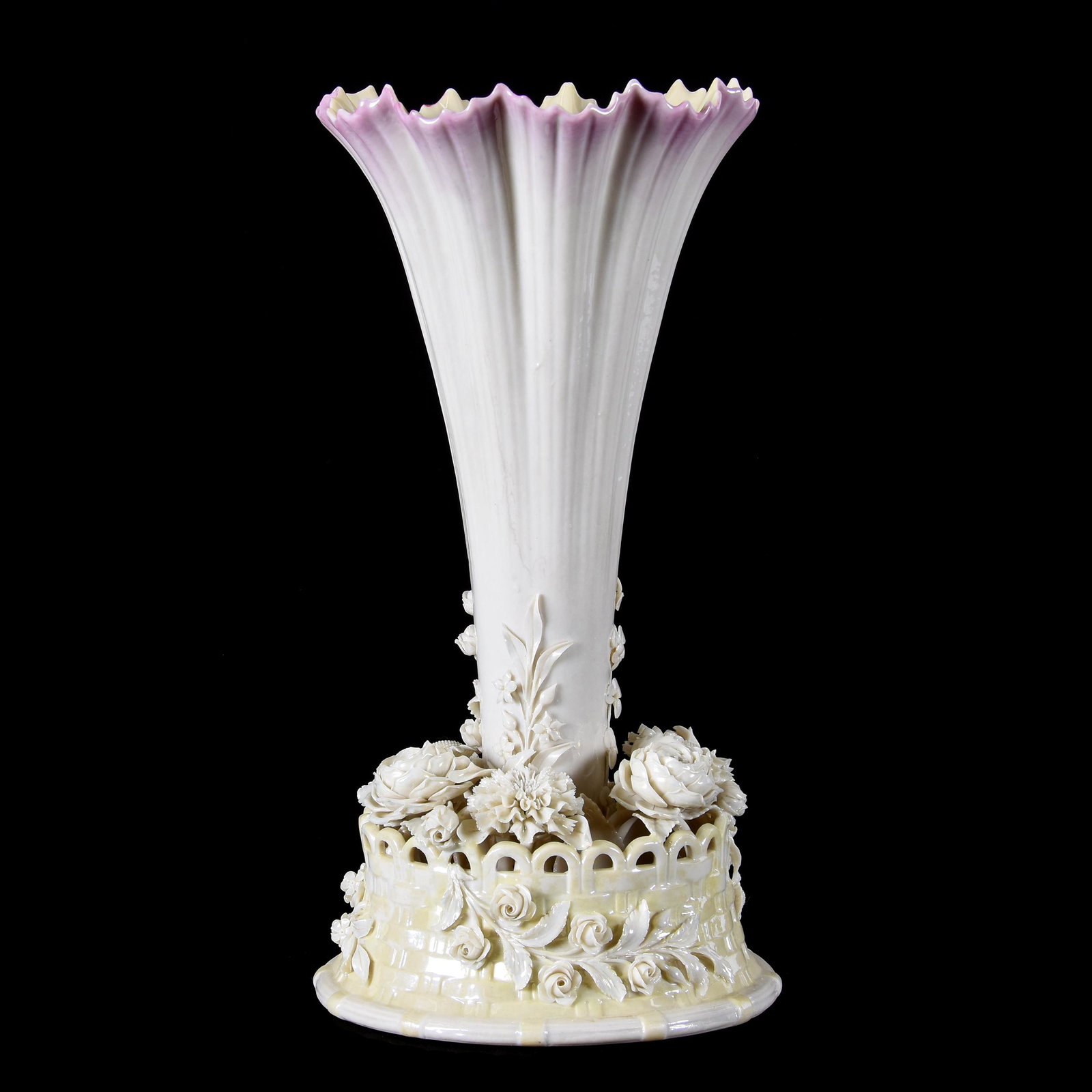 Table Center Vase, Irish Belleek Black Mark: Table Center Vase, Irish Belleek Black Mark, 12.25" x 6.5", Yellow and Pink Tones, from the estate of Ronald W. Prielipp PHD, Salina, KS. Ron was a professor of mathematics at Bethany College, Lindsbo