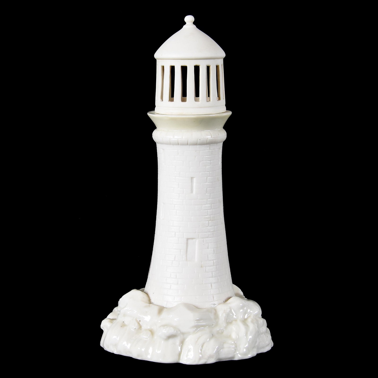 Figural Lighthouse, Irish Belleek Black Mark: Figural Lighthouse, Irish Belleek Black Mark, 10.75" x 5.5", Nightlight Holder, Removeable Cap, Top Rim of Base has Professional Restoration, from the estate of Ronald W. Prielipp PHD, Salina, KS. Ron