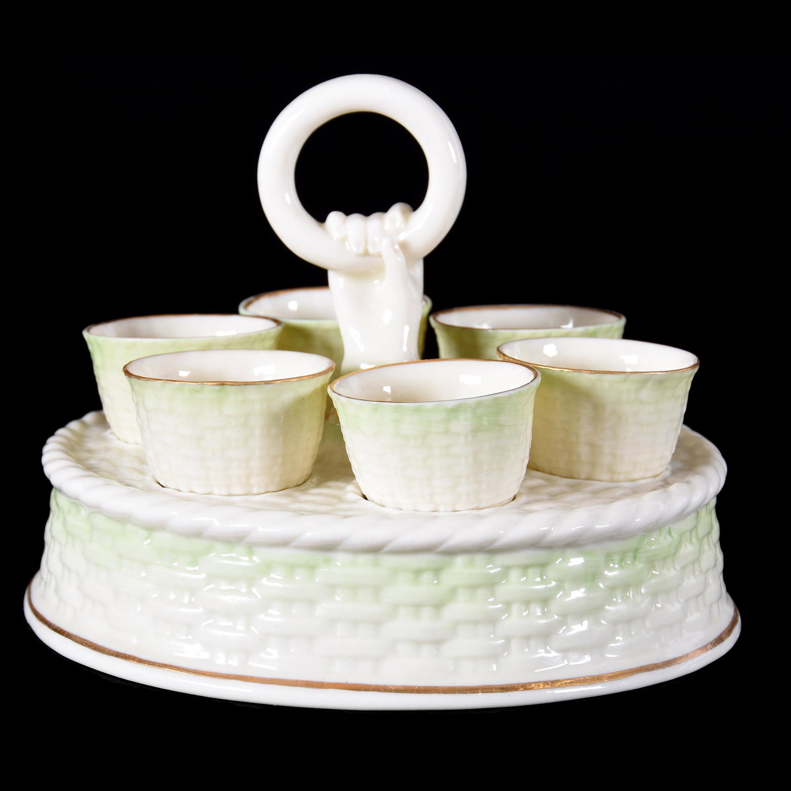 Egg Carrier/Holder, Irish Belleek Green Mark: Egg Carrier/Holder, Irish Belleek Green Mark, 5" x 6.5", Basketweave, Six Removeable Egg Cups, Green Highlights, from the estate of Ronald W. Prielipp PHD, Salina, KS. Ron was a professor of mathemati