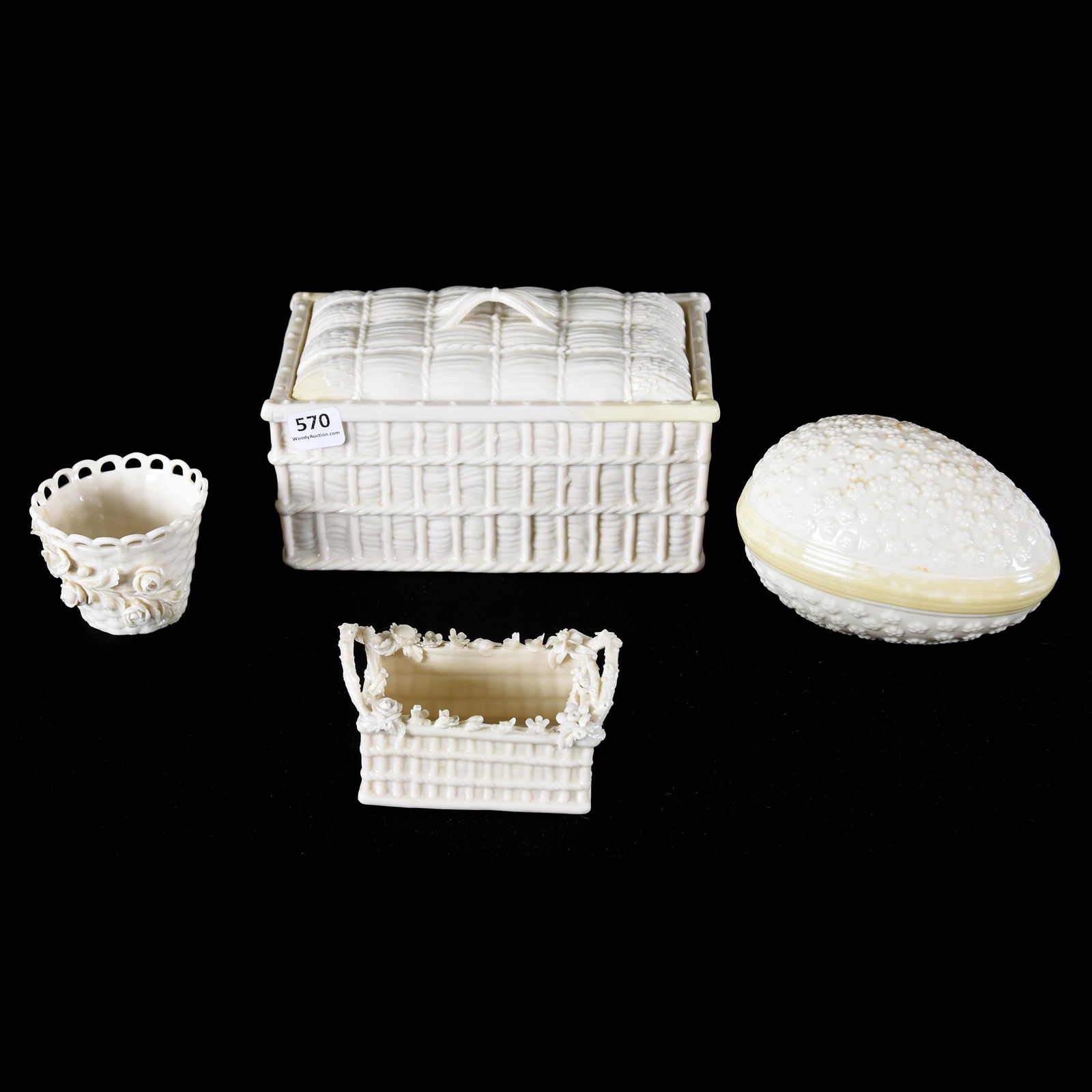 (4) Assorted Items, Irish Belleek: (4) Assorted Items, Irish Belleek, (1) 4.25" x 7.5" Covered Box, Wheat Sheaf Design Lid, Black Mark, Various Corner Repairs on Lid and Base, (1) 5.5" Egg, Green Mark, (1) 2.2" x 4.25" Basket, Black Ma