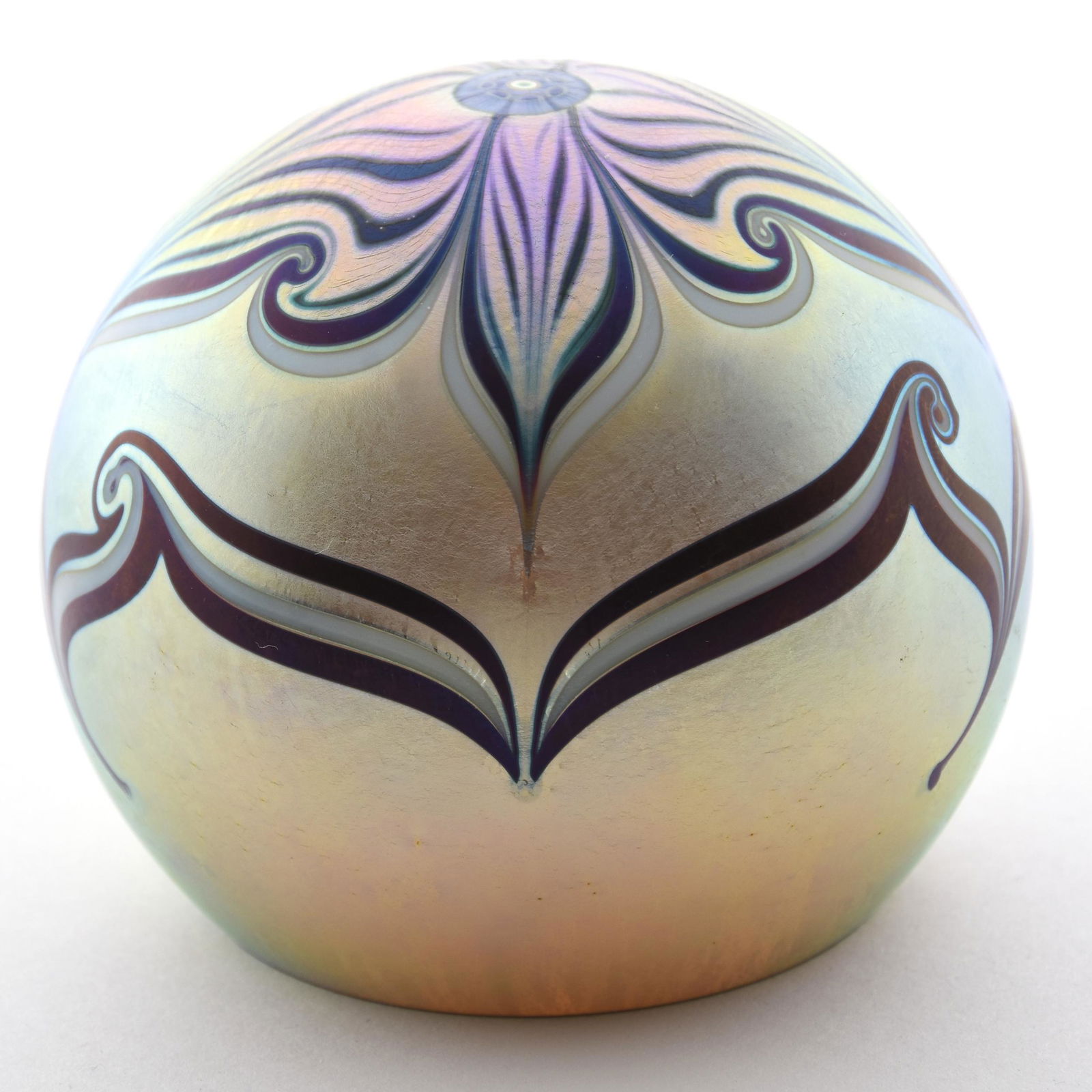 Paperweight Dated 1978 Marked Orient & Flume: Paperweight Dated 1978 Signed Orient & Flume, 3" Diameter, Gold Iridescent with Pulled Feather Design, Original Paper Label, from the estate of Ronald W. Prielipp PHD, Salina, KS. Ron was a professor