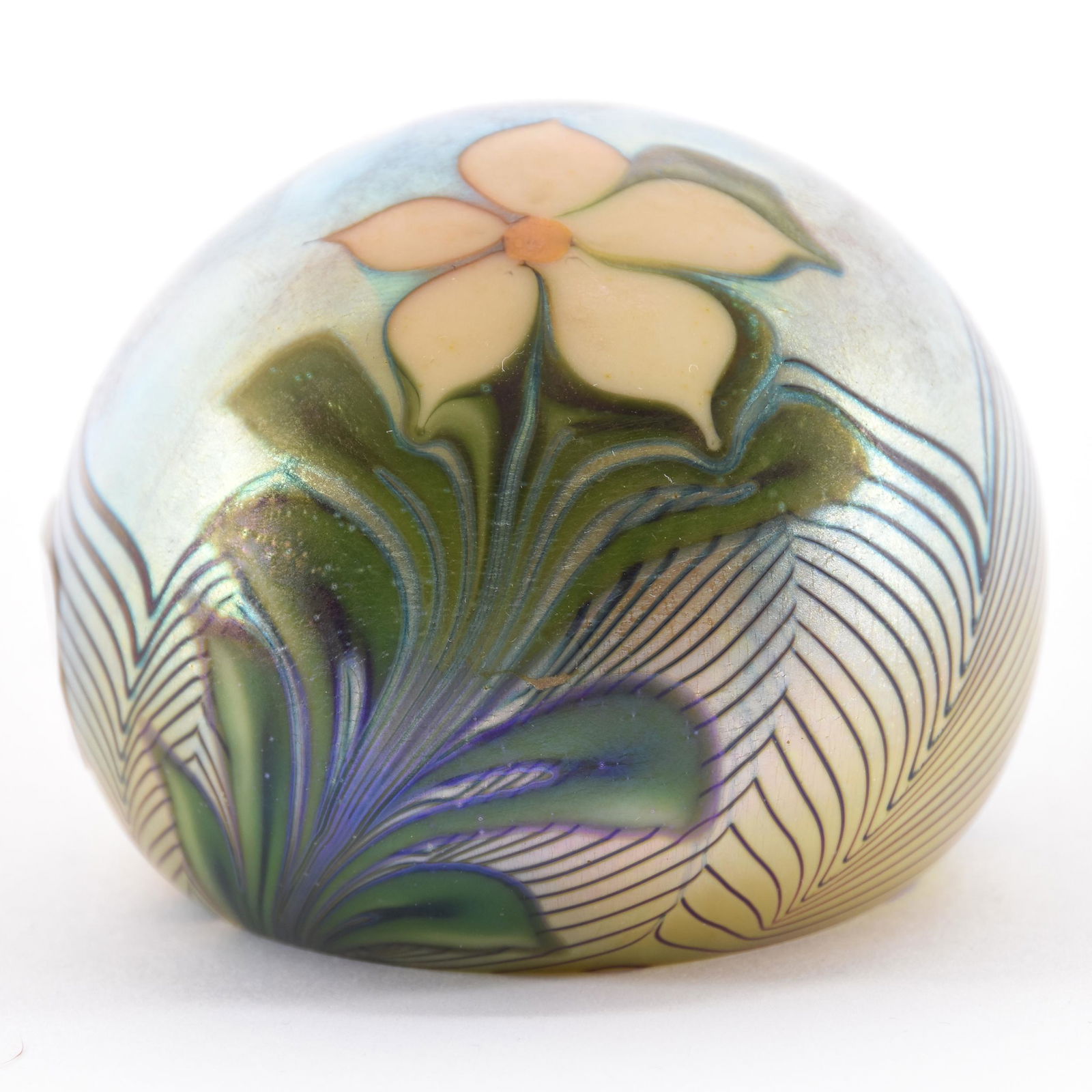 Paperweight Marked Orient & Flume Dated 1976: Paperweight Signed Orient & Flume Dated 1976, 3" Diameter, Gold Iridescent with White Blossom and Pulled Feather Design, from the estate of Ronald W. Prielipp PHD, Salina, KS. Ron was a professor of m