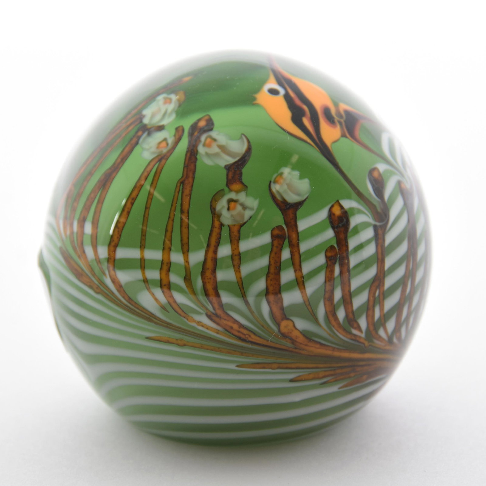 Paperweight Signed Bridgeton Studios: Paperweight Signed Bridgeton Studios, 2.75" Diameter, White Interior with Green Glass, Yellow Angel Fish, White and Brown Swirl Design Highlights, also Signed "F039 Buzzini", from the estate of Ronald