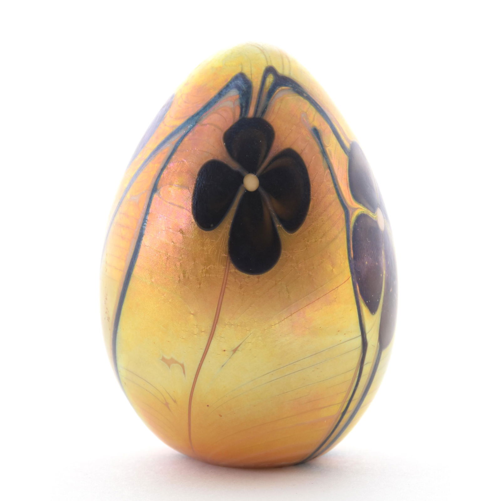 Paperweight Marked Orient & Flume Dated 1977: Paperweight Signed Orient & Flume Dated 1977, 3" x 2.25" Diameter, Egg Shape, Gold Iridescent with Amethyst Floral Design, from the estate of Ronald W. Prielipp PHD, Salina, KS. Ron was a professor of