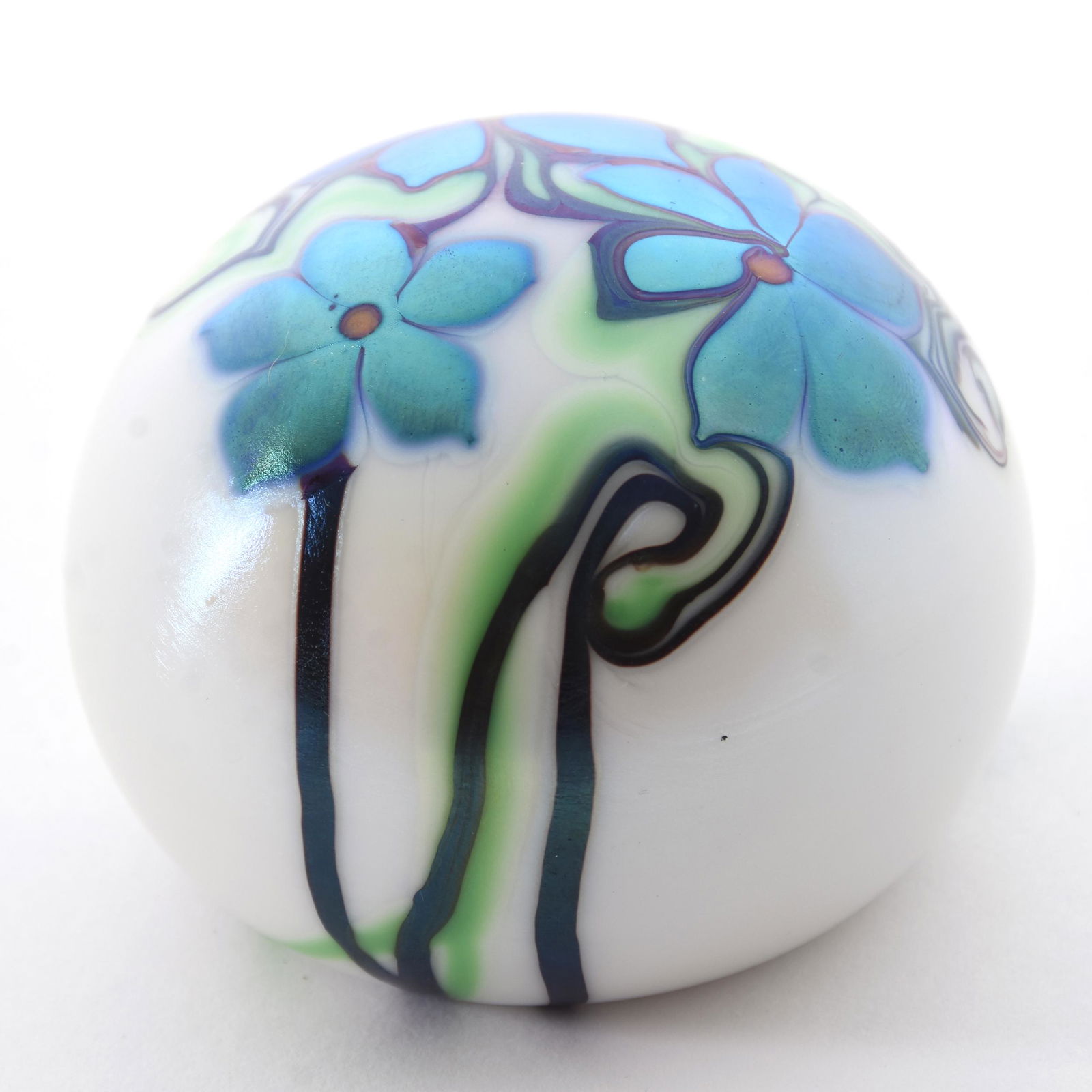 Paperweight Marked Orient & Flume Dated 1975: Paperweight Signed Orient & Flume Dated 1975, 2.75" Diameter, Solid White with Iridescent Blue Floral Blossom Decor, from the estate of Ronald W. Prielipp PHD, Salina, KS. Ron was a professor of mathe