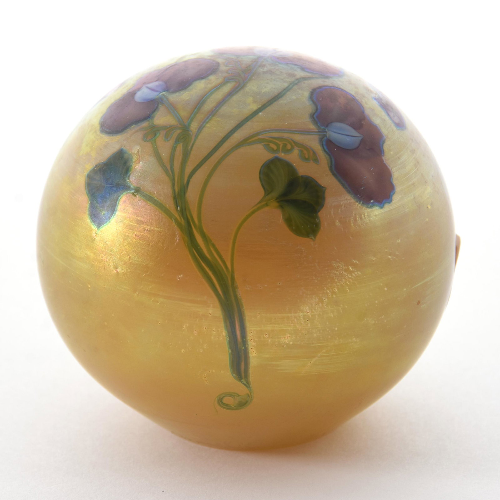 Paperweight Signed Lundberg Studios Dated 2007: Paperweight Signed Lundberg Studios Dated 2007, 3" Diameter, Gold Iridescent with Amethyst Floral Decor, Artist Signed "Daniel Salazar", from the estate of Ronald W. Prielipp PHD, Salina, KS. Ron was 