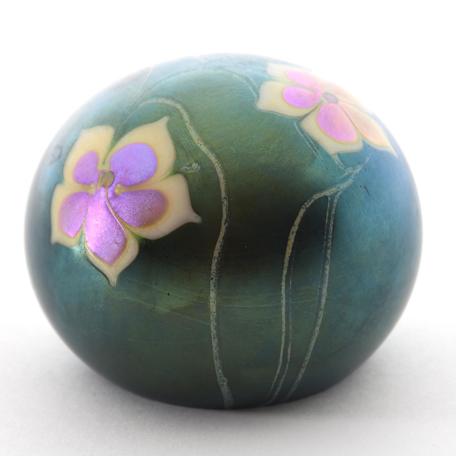 Paperweight Marked Orient & Flume Dated 1975: Paperweight Signed Orient & Flume Dated 1975, 2.75" Diameter, Blue/Green Iridescent Background with Gold and White Blossom Decor, from the estate of Ronald W. Prielipp PHD, Salina, KS. Ron was a profe