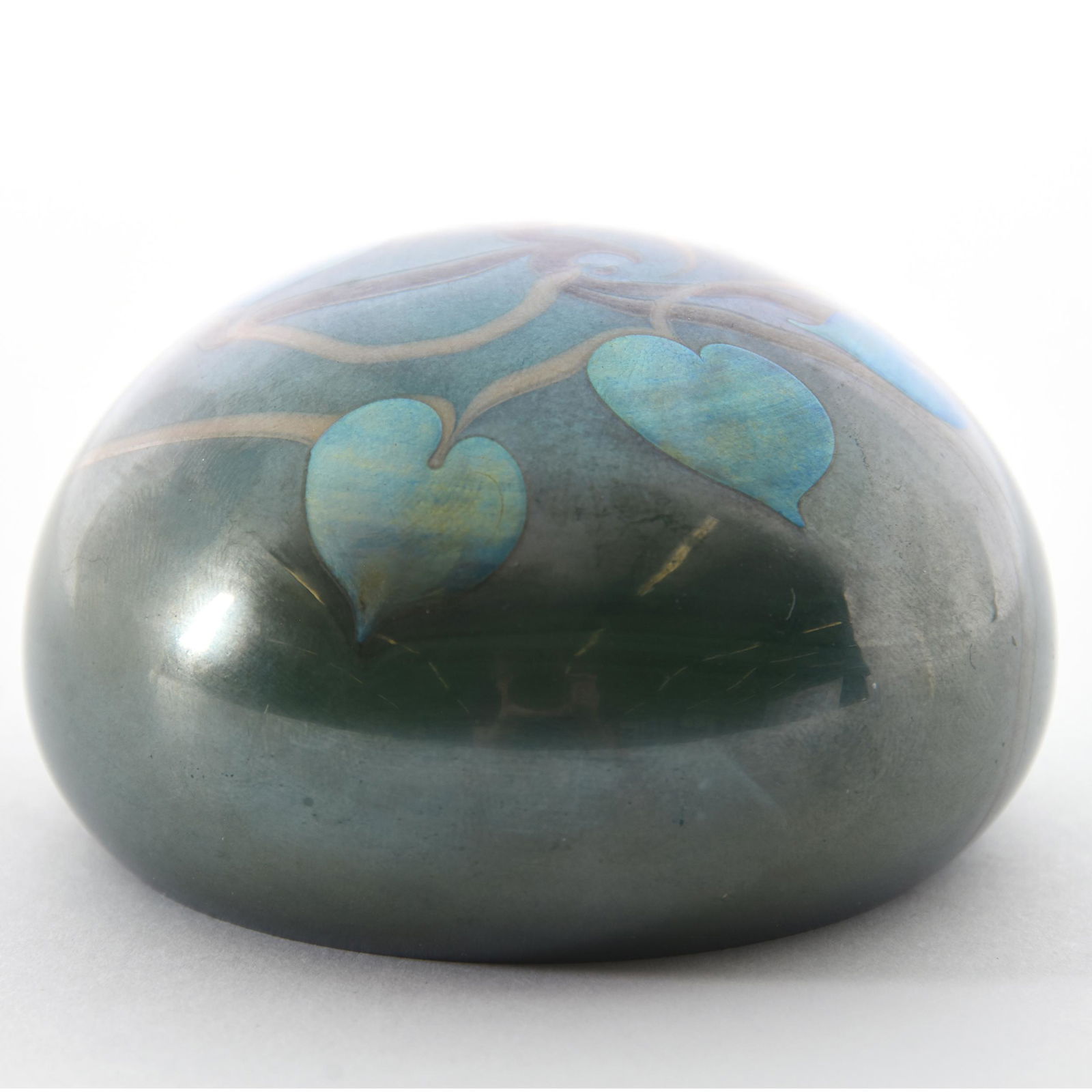 Paperweight Marked Orient & Flume Dated 1974: Paperweight Signed Orient & Flume Dated 1974, 2.75" Diameter, Green Iridescent with Heart and Vine Decor, from the estate of Ronald W. Prielipp PHD, Salina, KS. Ron was a professor of mathematics at B
