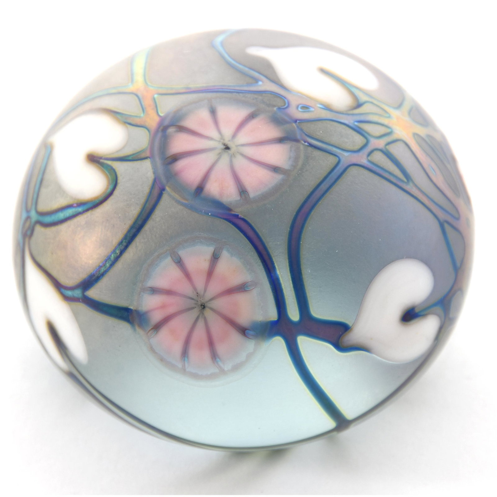 Paperweight Signed Charles Lotton Dated 1979: Paperweight Signed Charles Lotton Dated 1979, 2.5" Diameter, Clear Frosted Ground with Iridescent Vine and White Heart Decor, from the estate of Ronald W. Prielipp PHD, Salina, KS. Ron was a professor