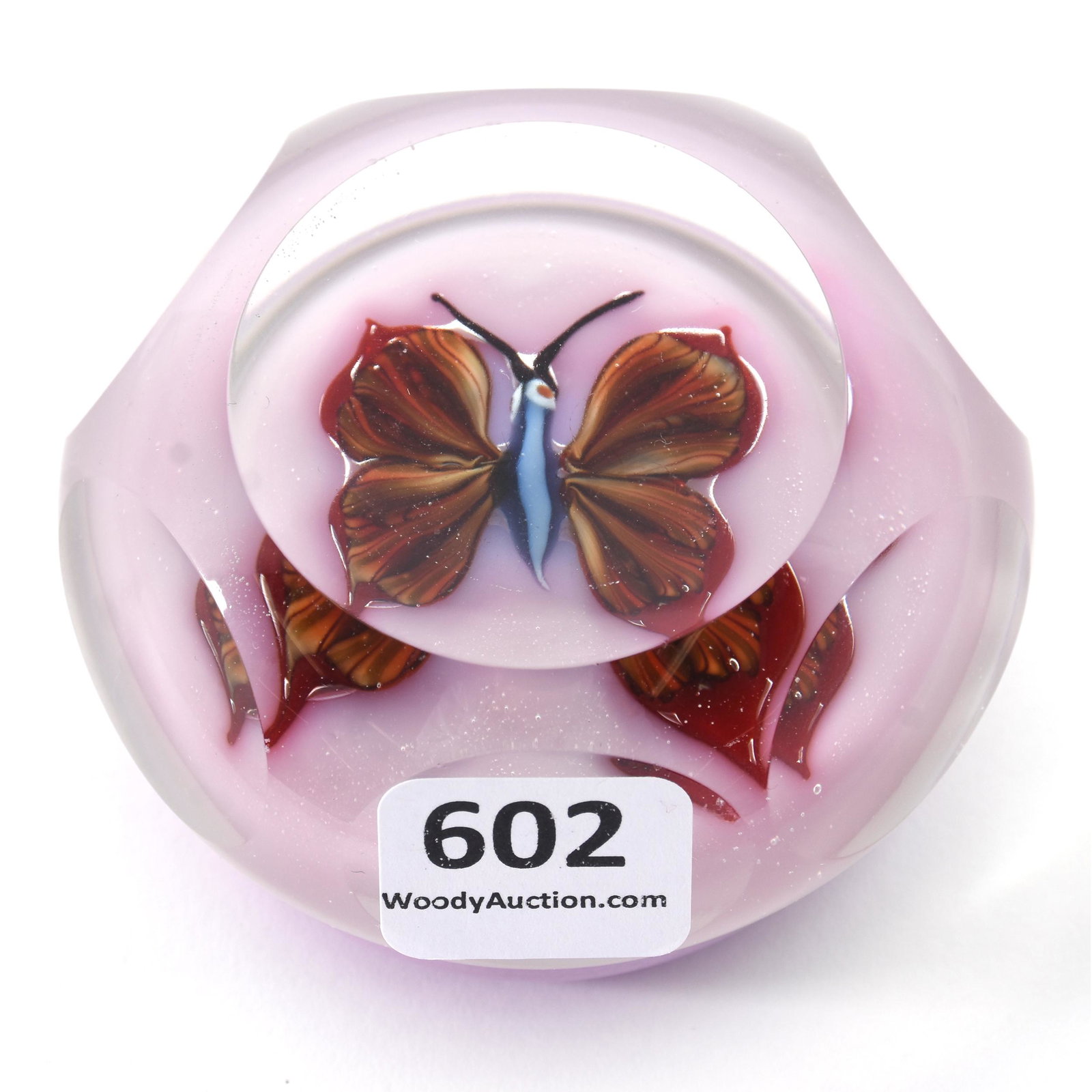 Paperweight Signed Ronald Hansen: Paperweight Signed Ronald Hansen, 2.75" Diameter, Pink Ground with Butterfly Decor, Facet Cut Panels, Nice Quality, from the estate of Ronald W. Prielipp PHD, Salina, KS. Ron was a professor of mathem