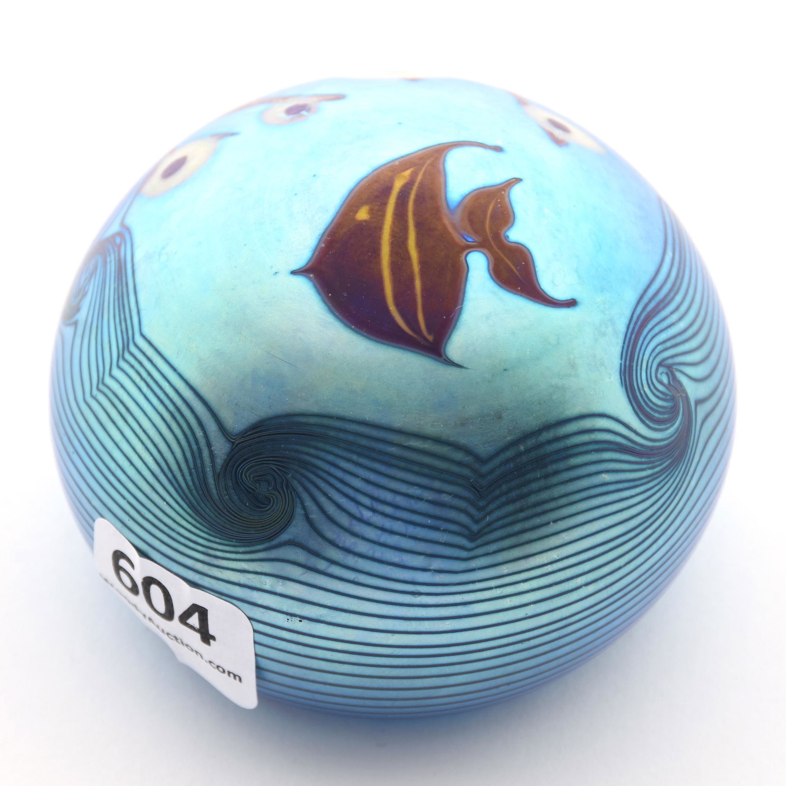 Paperweight Marked Orient & Flume Dated 1975: Paperweight Signed Orient & Flume Dated 1975, 2.75" Diameter, Blue Iridescent Underwater Fish Decor, from the estate of Ronald W. Prielipp PHD, Salina, KS. Ron was a professor of mathematics at Bethan