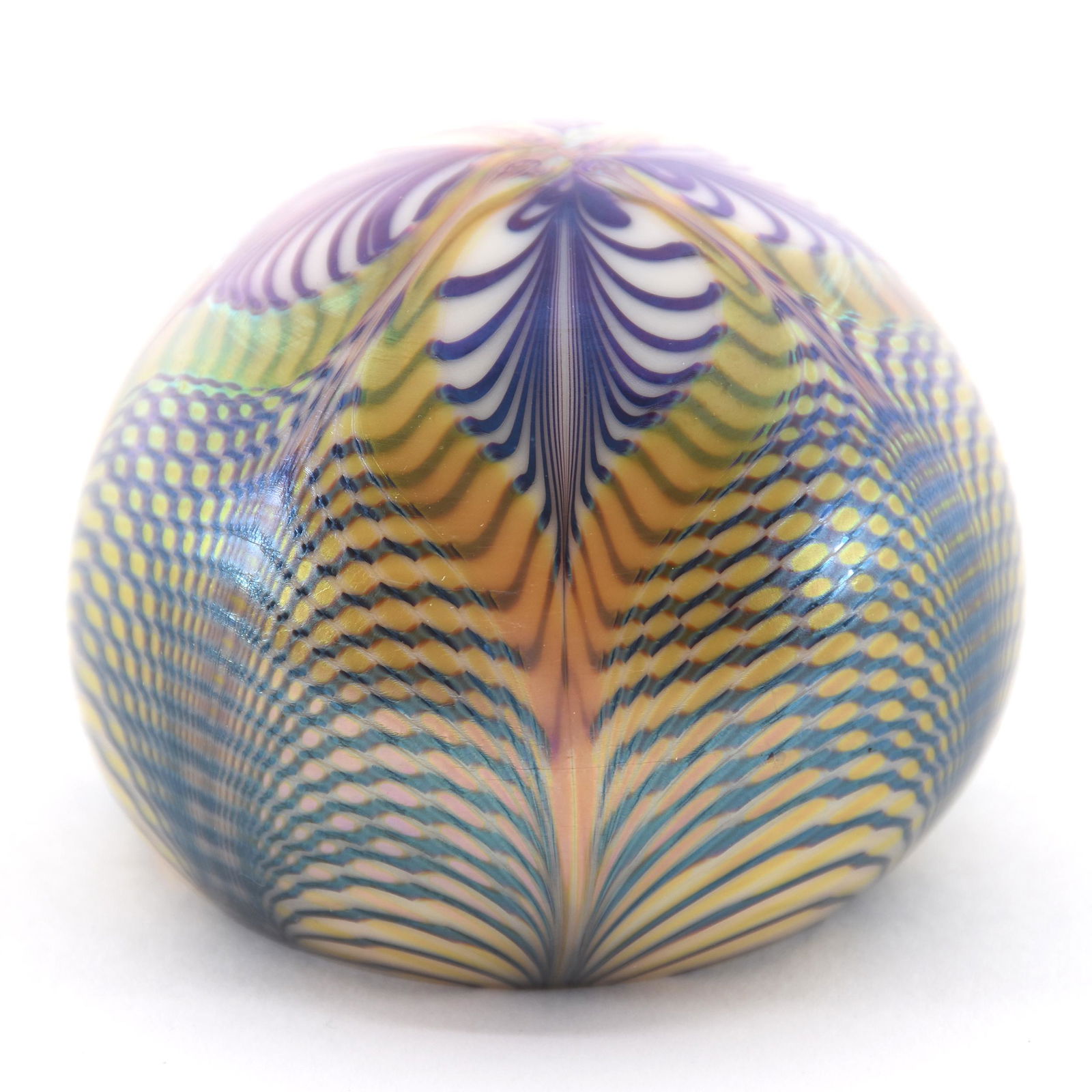 Paperweight Marked Orient & Flume Dated 1975: Paperweight Signed Orient & Flume Dated 1975, 2.25" Diameter, Iridescent Gold Background with Amethyst Pulled Feather Design, from the estate of Ronald W. Prielipp PHD, Salina, KS. Ron was a professor