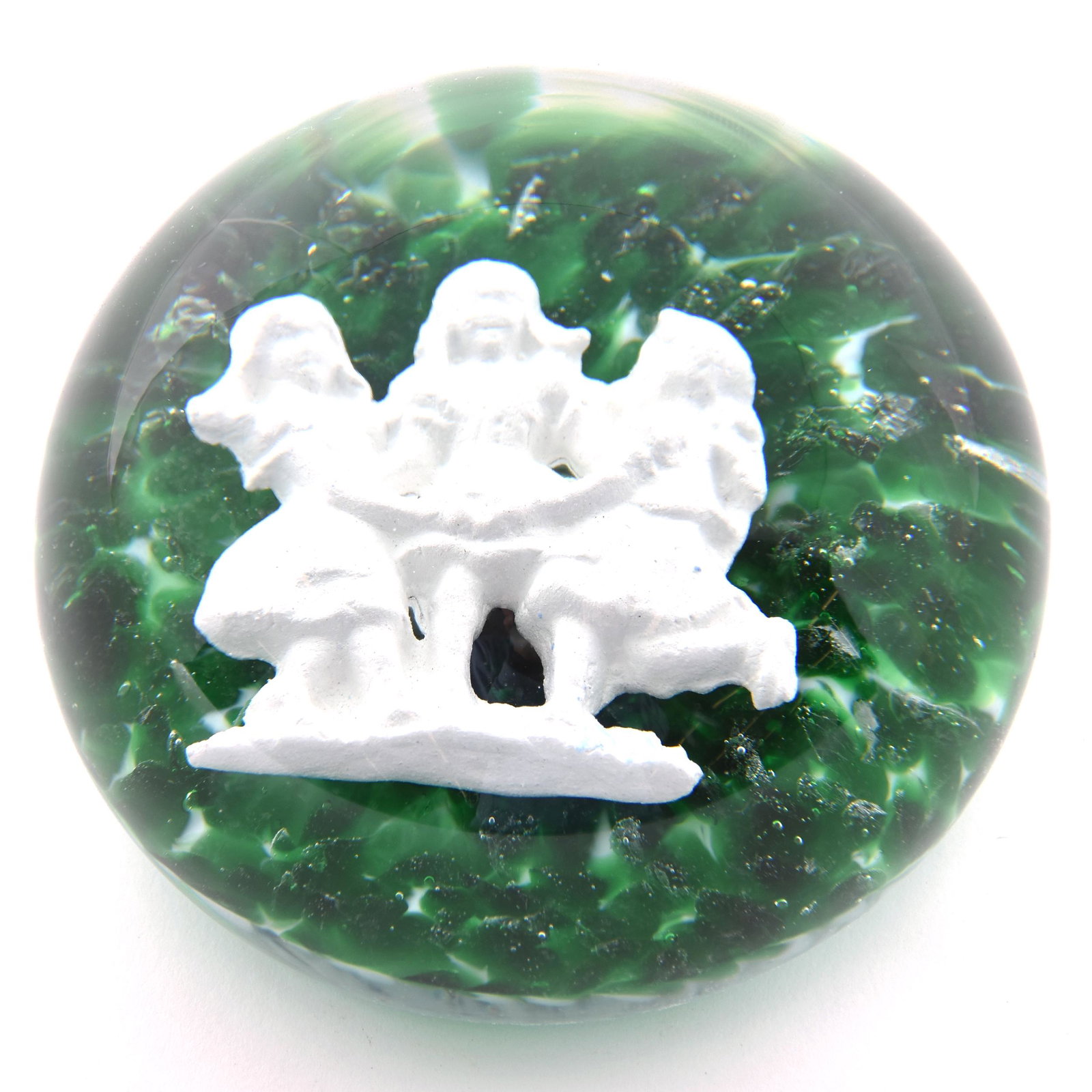Paperweight Marked Gibson Sulphide: Paperweight Marked Gibson Sulphide, 3.25" Diameter, Green Ground with Three Girls Dancing, from the estate of Ronald W. Prielipp PHD, Salina, KS. Ron was a professor of mathematics at Bethany College,