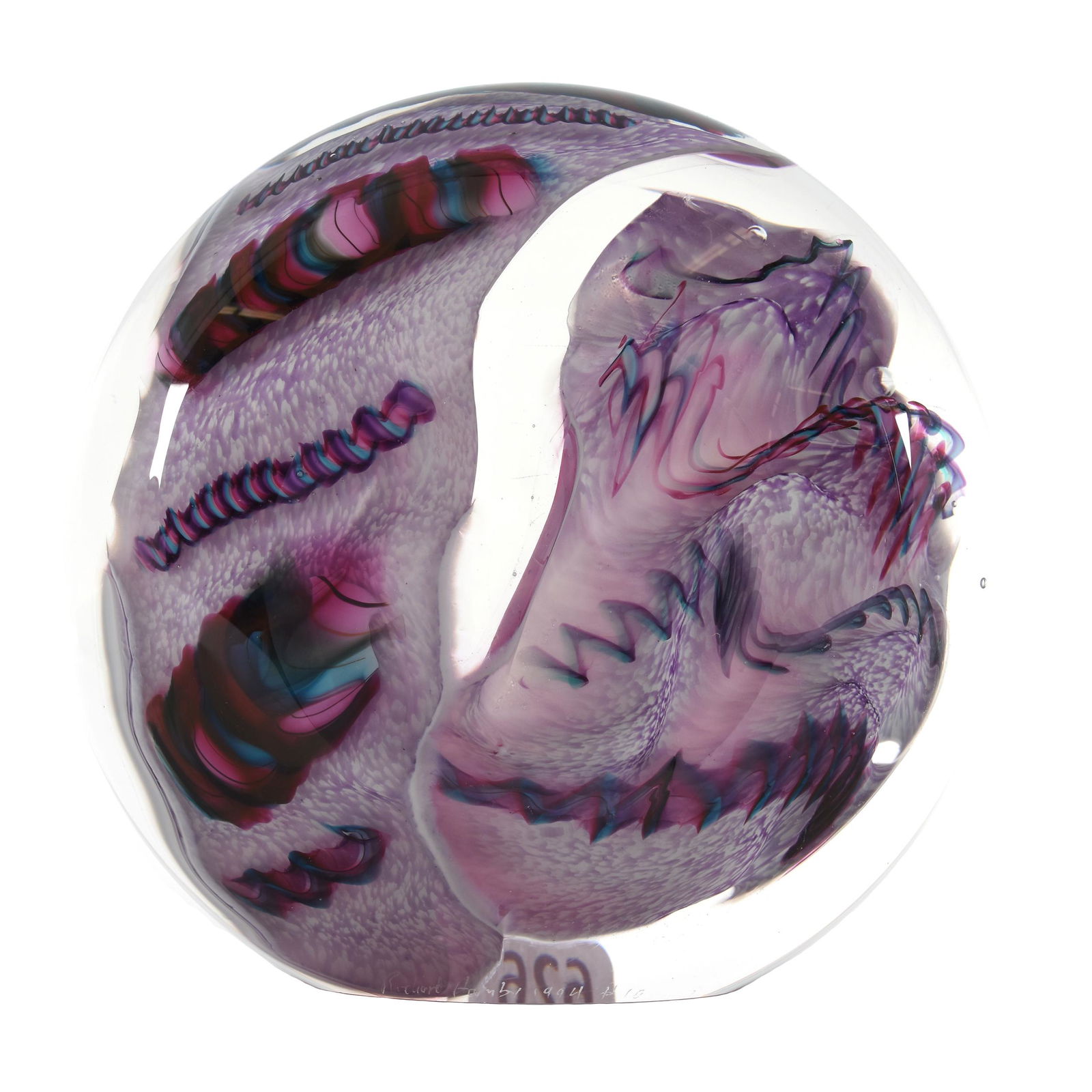 Paperweight Signed Richard Hornby Dated 1994: Paperweight Signed Richard Hornby Dated 1994, 7" x 7" Diameter, Pink Mottled Background with Dark Cane Highlights, 10 lb, 9 oz.., from the estate of Ronald W. Prielipp PHD, Salina, KS. Ron was a profe