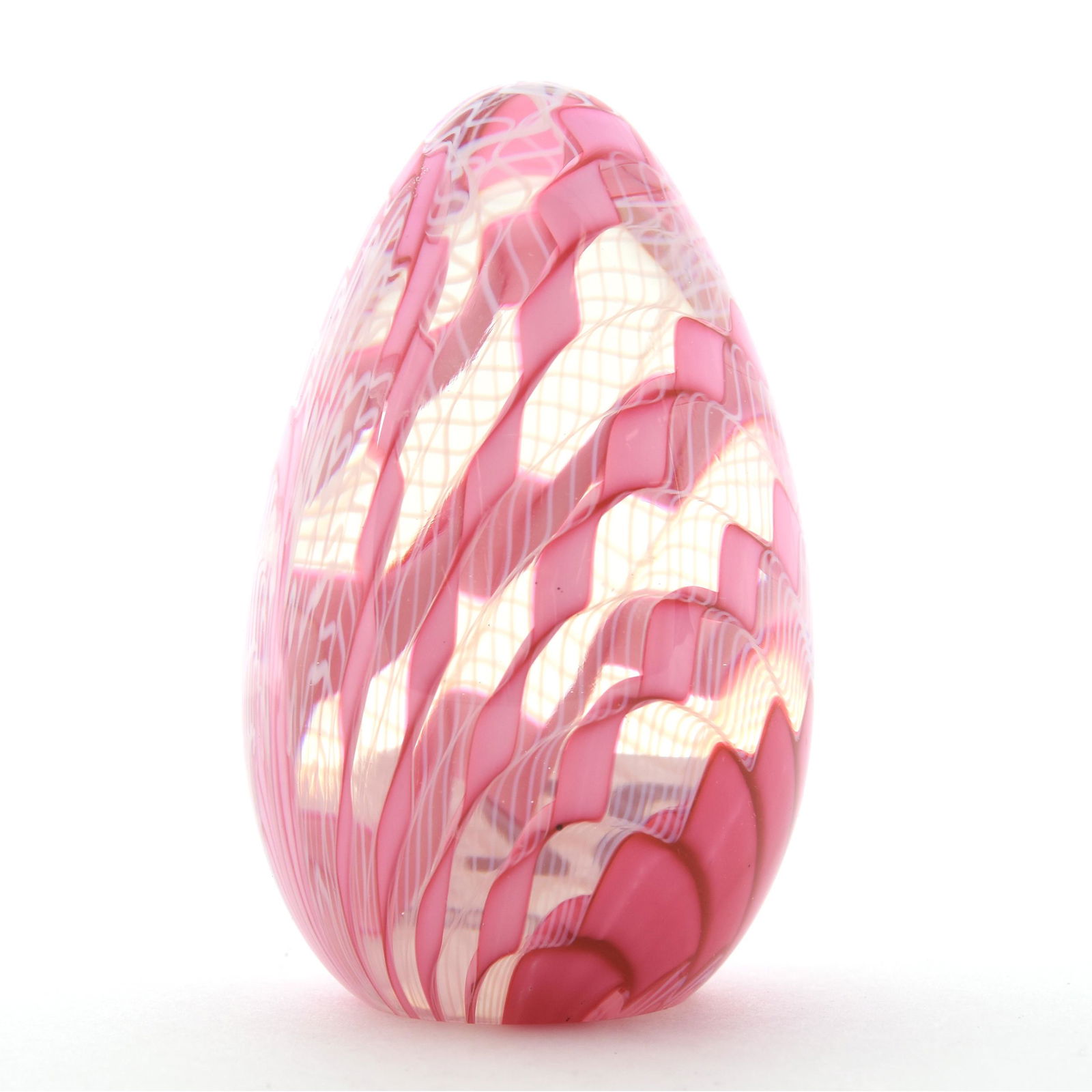 Paperweight Signed Orient & Flume: Paperweight Signed Orient & Flume, 4" x 2.5" Diameter, #GGV3, Egg Form, Pink Ribbon and White Lattacino Design, from the estate of Ronald W. Prielipp PHD, Salina, KS. Ron was a professor of mathematic