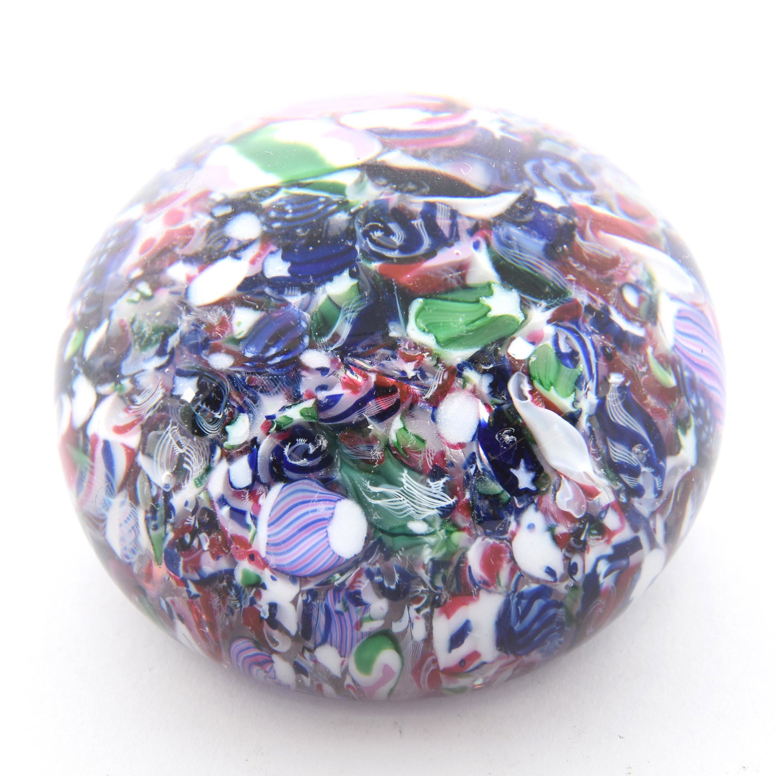 Paperweight, Antique Clichy: Paperweight, Antique Clichy, 2.5" Diameter, Scrambled Millefiori Ground, Concave Polished Base, from the estate of Ronald W. Prielipp PHD, Salina, KS. Ron was a professor of mathematics at Bethany Col