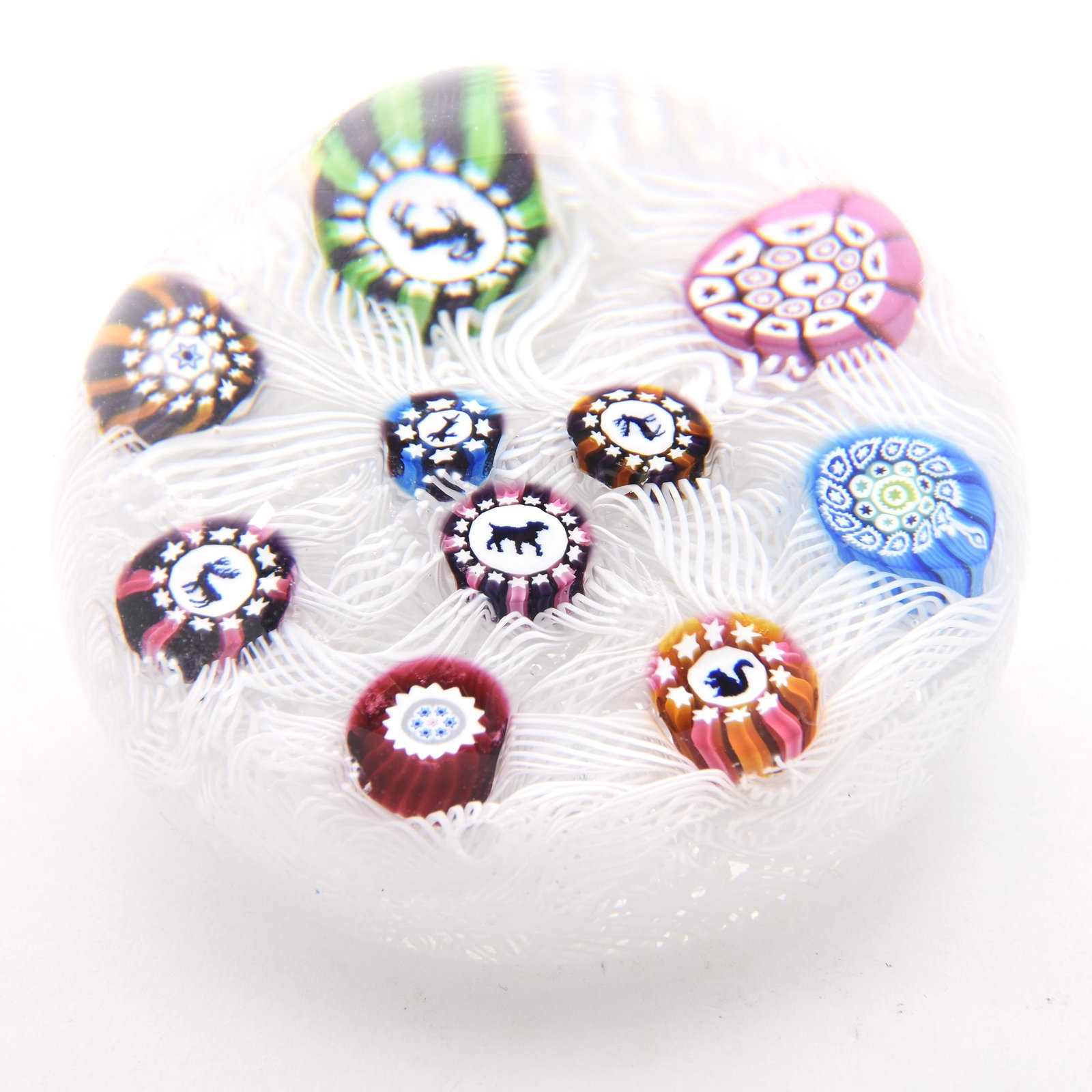 Paperweight Signed "JD" Dated 2002: Paperweight Signed "JD" Dated 2002, 3" Diameter, White Lattacino Ground with Ten Millefiori Canes Featuring Various Animals, John Deacons Artist, from the estate of Ronald W. Prielipp PHD, Salina, KS.