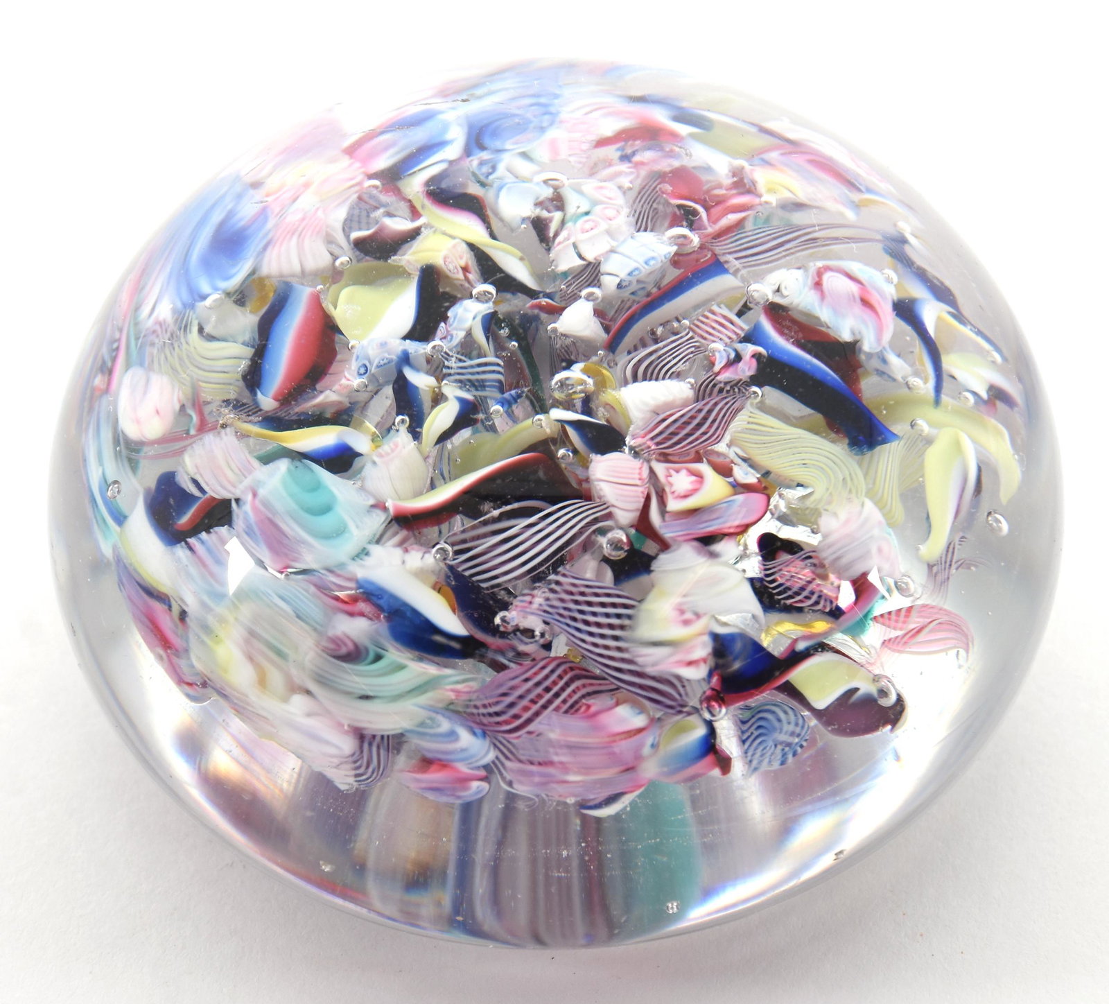 Paperweight, Antique Clichy: Paperweight, Antique Clichy, 2.5" Diameter, Scrambled Multi-Color Millefiori, Concaved Polished Base, Surface Bruise, from the estate of Ronald W. Prielipp PHD, Salina, KS. Ron was a professor of math