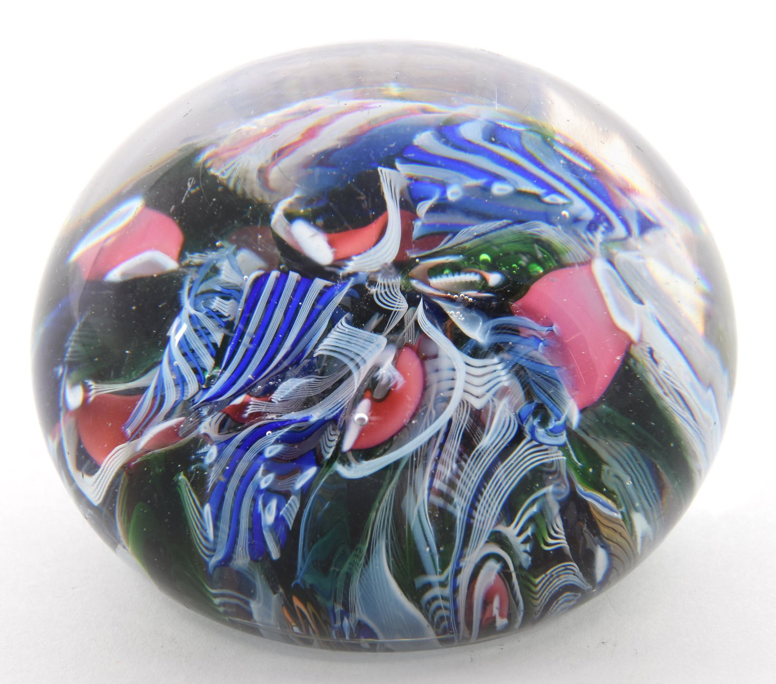 Paperweight, Antique: Paperweight, Antique, 3" Diameter, Scrambled Multi-Color Millefiori, Shallow Concave Polished Base, Maker Currently Not Identified, from the estate of Ronald W. Prielipp PHD, Salina, KS. Ron was a pro