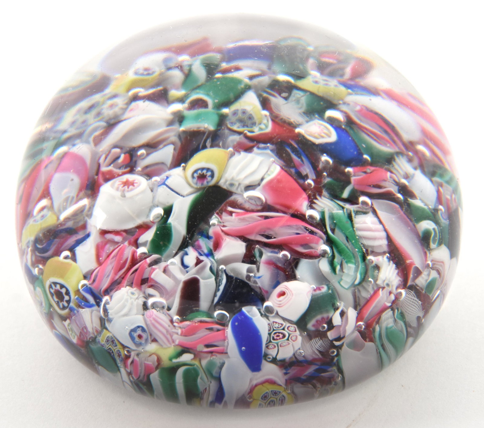 Paperweight, Antique: Paperweight, Antique, 2.75" Diameter, Scrambled Multi-Color Millefiori Cane Ground, Maker Currently Not Identified, from the estate of Ronald W. Prielipp PHD, Salina, KS. Ron was a professor of mathem