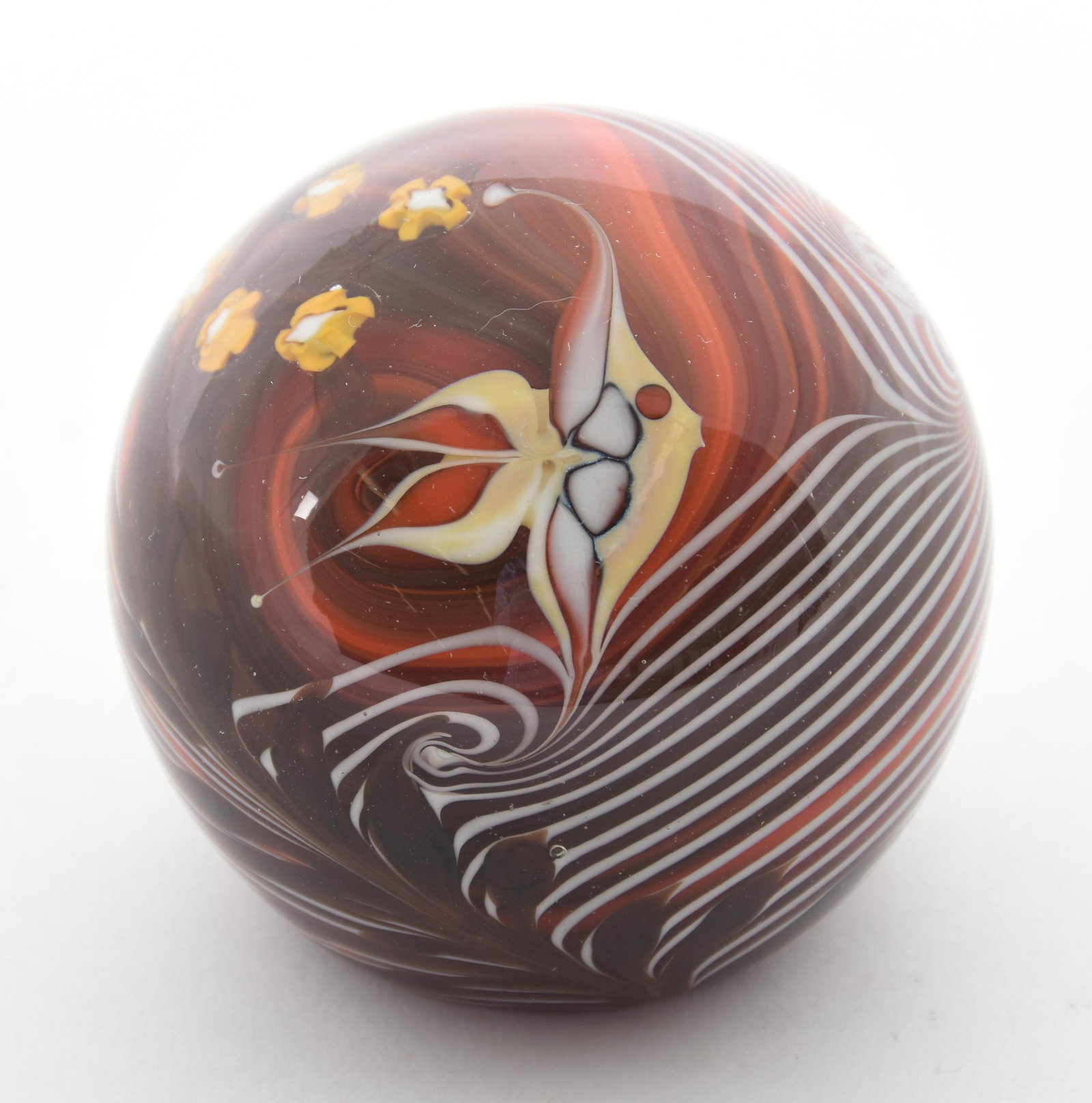 Paperweight Signed Bridgeton Studios Dated 1977: Paperweight Signed Bridgeton Studios Dated 1977, 2.75" Diameter, Brown and Orange Marble Effect with Fish and Floral Design, Signed Buzzi #C798, from the estate of Ronald W. Prielipp PHD, Salina, KS. 