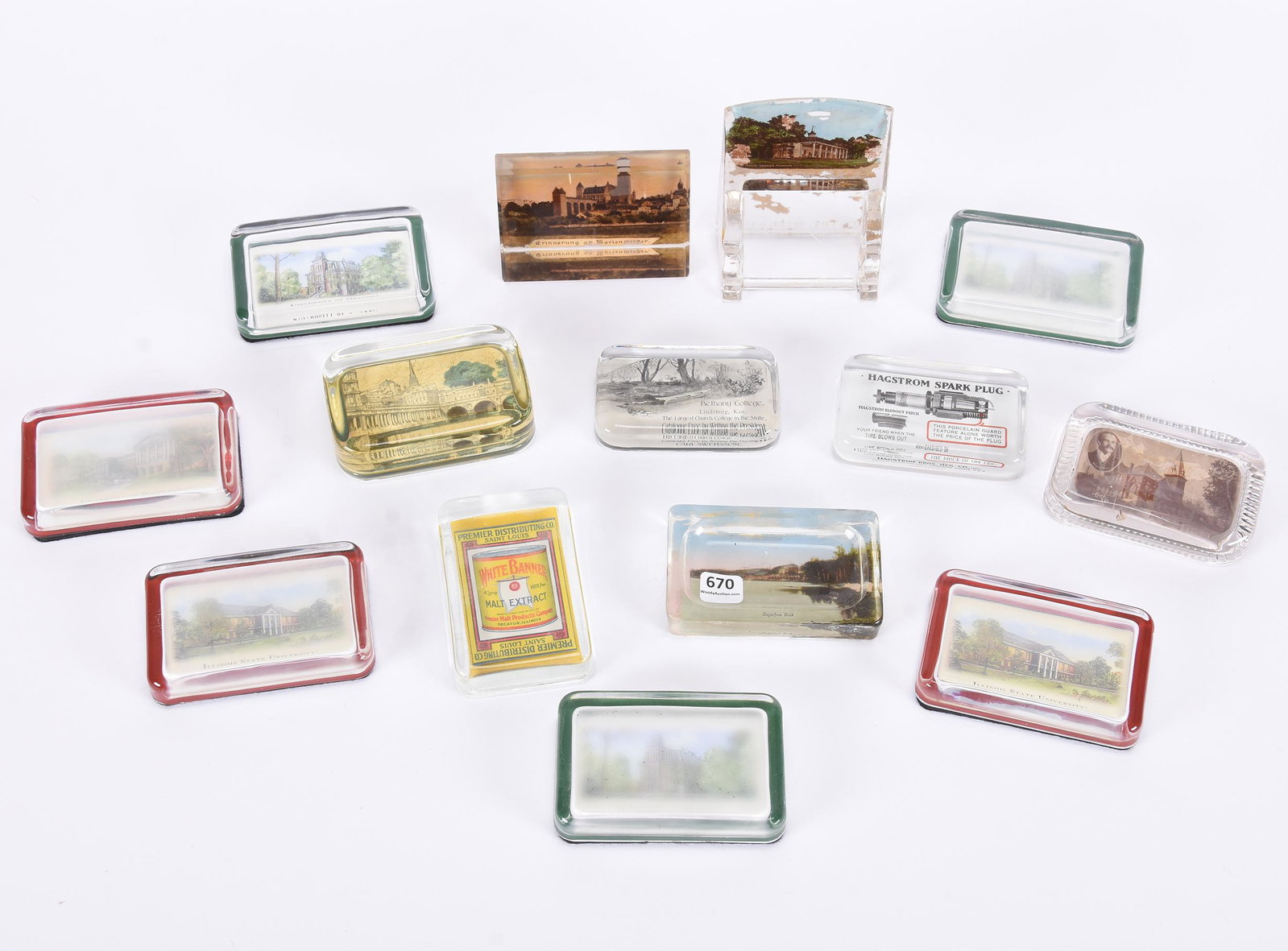 (14) Paperweights, Souvenir and Advertising: (14) Paperweights, Souvenir and Advertising, Includes Hagstrom Spark Plug, Premier Distributing White Banner Malt Extract, Bethany College Lindsborg College, (6) Commemorative University Weights in Or
