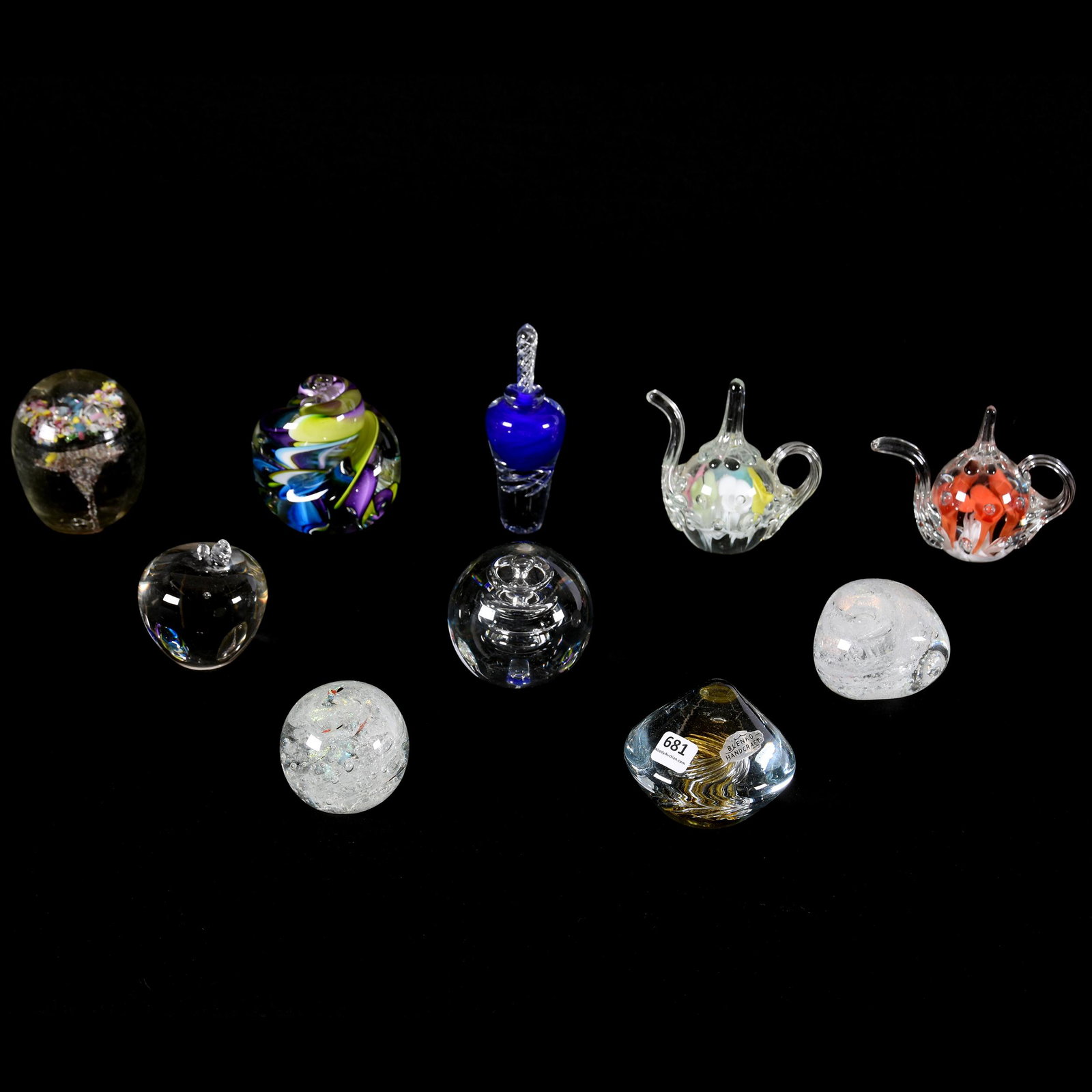 (10) Assorted Paperweights, 2.5" To 5.5" Diameter: (10) Assorted Paperweights, 2.5" to 5.5" Diameter, (2) Joseph St. Clair Tea Pot Forms, (1) Blenko and More, See Photos for Details, from the estate of Ronald W. Prielipp PHD, Salina, KS. Ron was a pro