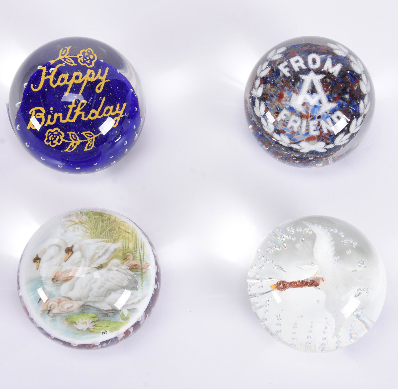 (4) Assorted Paperweights, 3.25" Diameter: (4) Assorted Paperweights, 3.25" Diameter, (1) Scenic Swan Signed with "M", (1) Snow Goose in Flight, (1) "Happy Birthday", (1) "From A Friend" Masonic Emblem, See Photos for Details, from the estate 