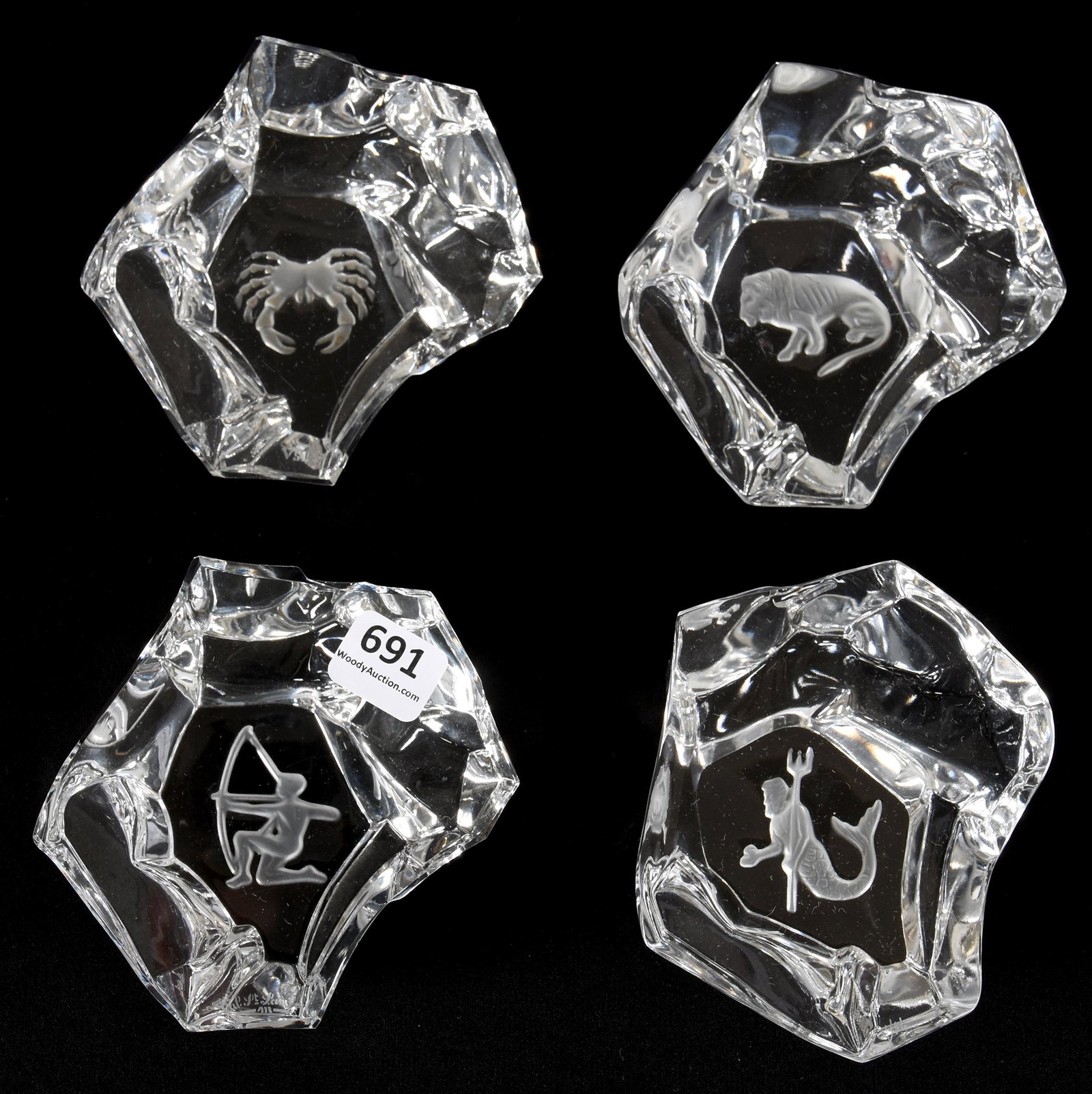 (4) Paperweights Signed Val St. Lambert: (4) Paperweights Signed Val St. Lambert, Zodiac and Ice Berg Form, See Photos for Details, from the estate of Ronald W. Prielipp PHD, Salina, KS. Ron was a professor of mathematics at Bethany College,