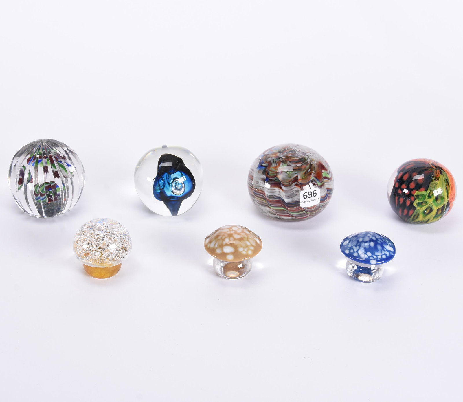 (7) Assorted Paperweights, 2" To 3.5" Diameter: (7) Assorted Paperweights, 2" to 3.5" Diameter, (1) Mayflower Glass Works, (3) Mushrooms Marked Orrefors, (1) Mushroom Marked Kosta, See Photos for Details, from the estate of Ronald W. Prielipp PHD, 