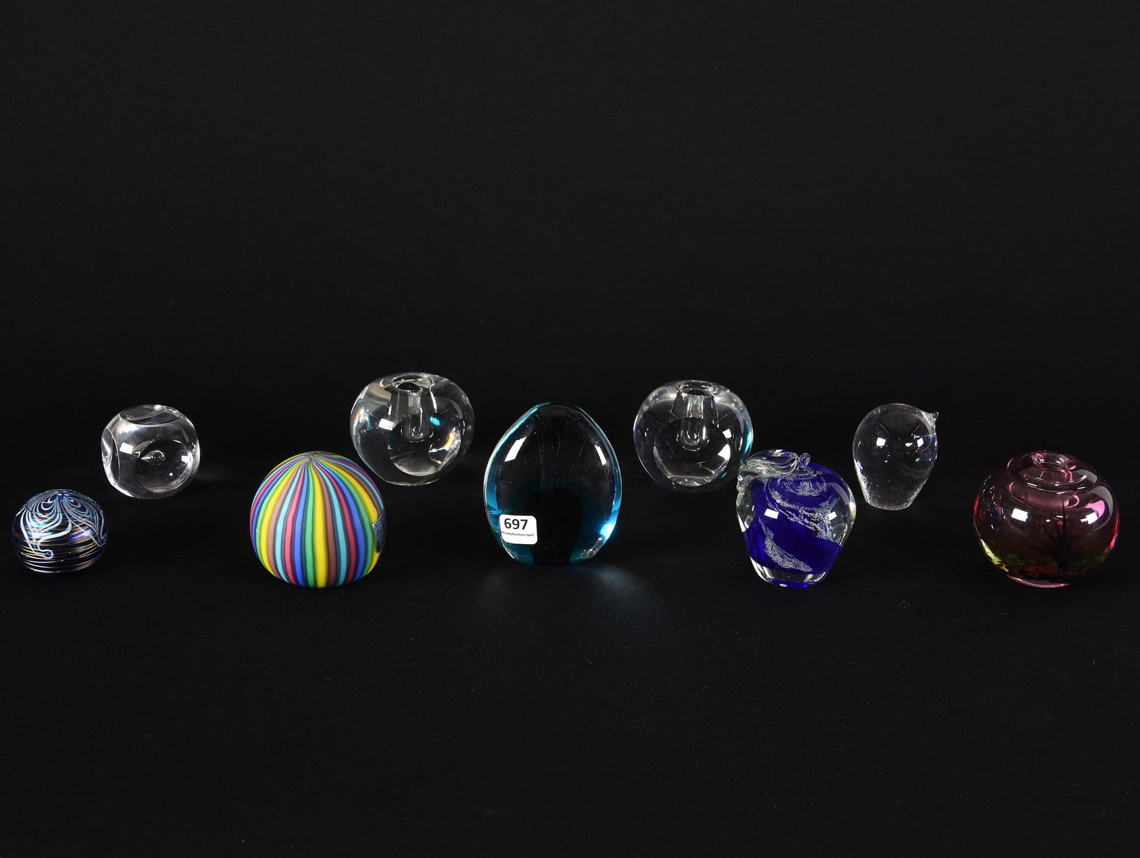 (9) Assorted Paperweights, 2" To 4" Diameter: (9) Assorted Paperweights, 2" to 4" Diameter, Pair Signed Orrefors Candlestick Paperweights, (1) Terry Crider Dated 1981 and More, See Photos for Details, from the estate of Ronald W. Prielipp PHD, Sa