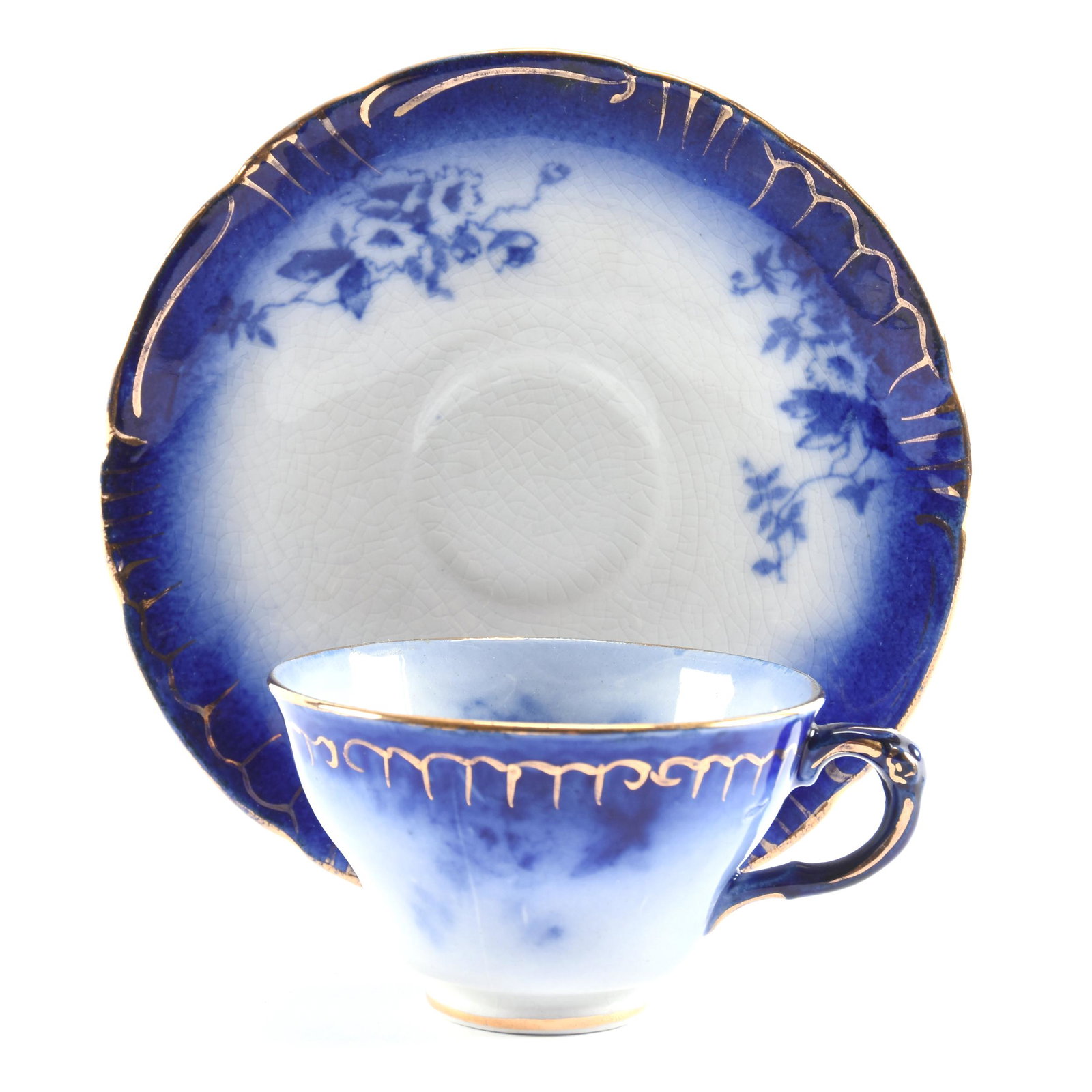 Cup & Saucer, Flow Blue Marked Labelle China: Cup & Saucer, Flow Blue Marked Labelle China, 2" x 5", Gold Stencil Trim, Eseline Reynolds Estate.