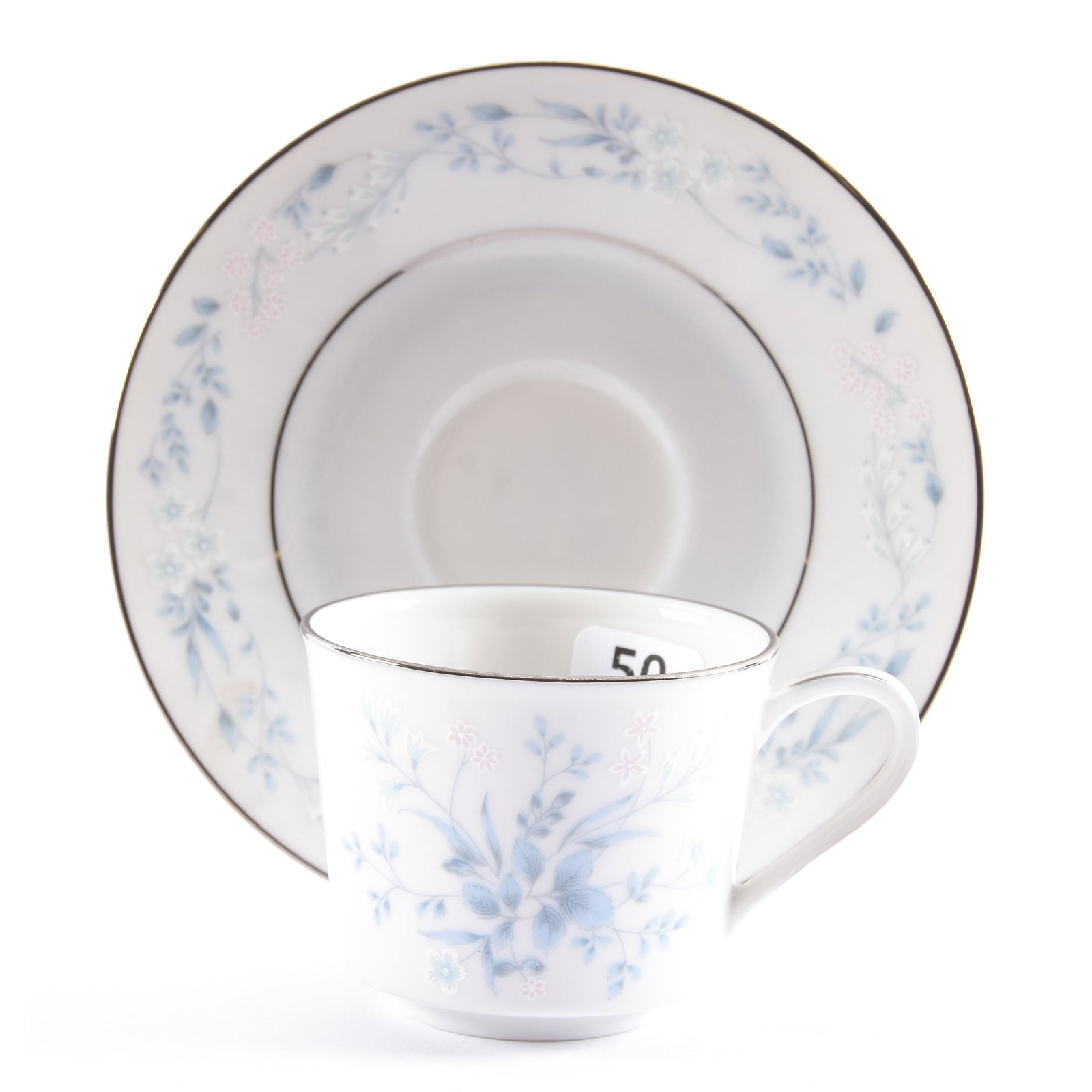 Cup & Saucer Marked Noritake Caroline Pattern: Cup & Saucer Marked Noritake Caroline Pattern, 2.5" x 5", Made in Sri Lanka, White with Blue Floral Decor, Eseline Reynolds Estate.