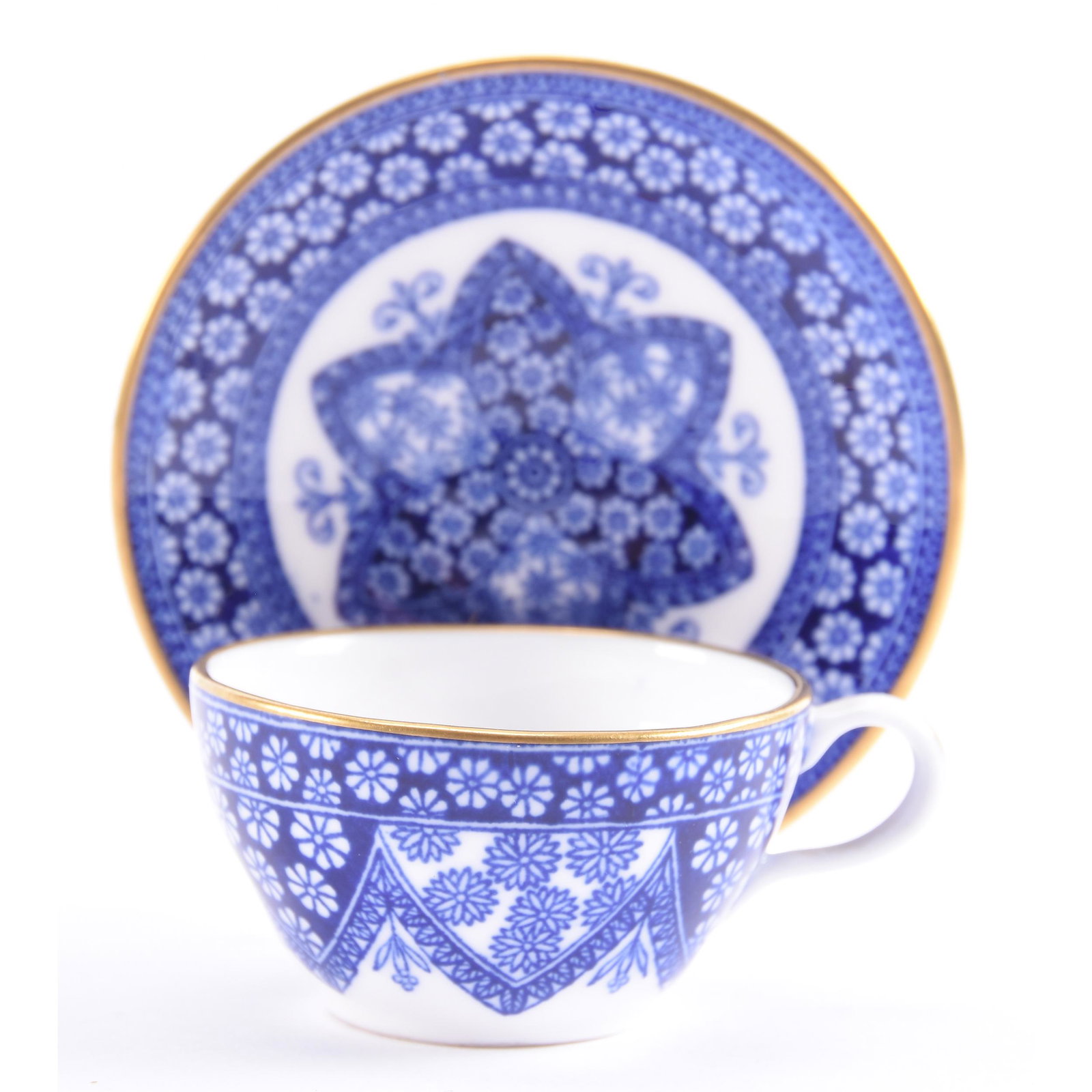 Miniature Cup & Saucer Marked Spode: Miniature Cup & Saucer Marked Spode, 1" x 2.5", White with Intricate Blue Decor, Same Pattern as Lot #164, Eseline Reynolds Estate.
