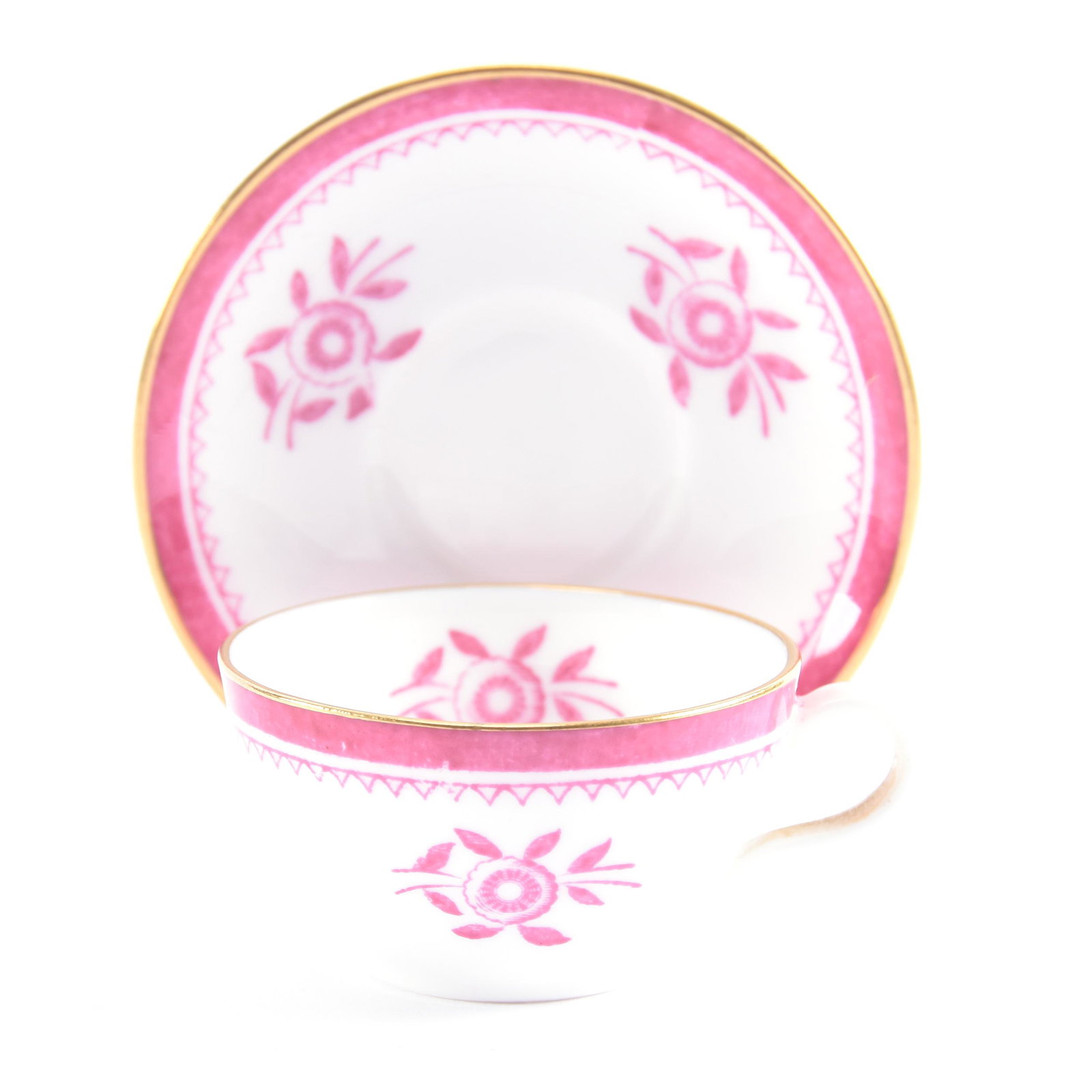 Miniature Cup & Saucer Marked Spode: Miniature Cup & Saucer Marked Spode, 1" x 2.5", White with Pink Floral Decor, Eseline Reynolds Estate.
